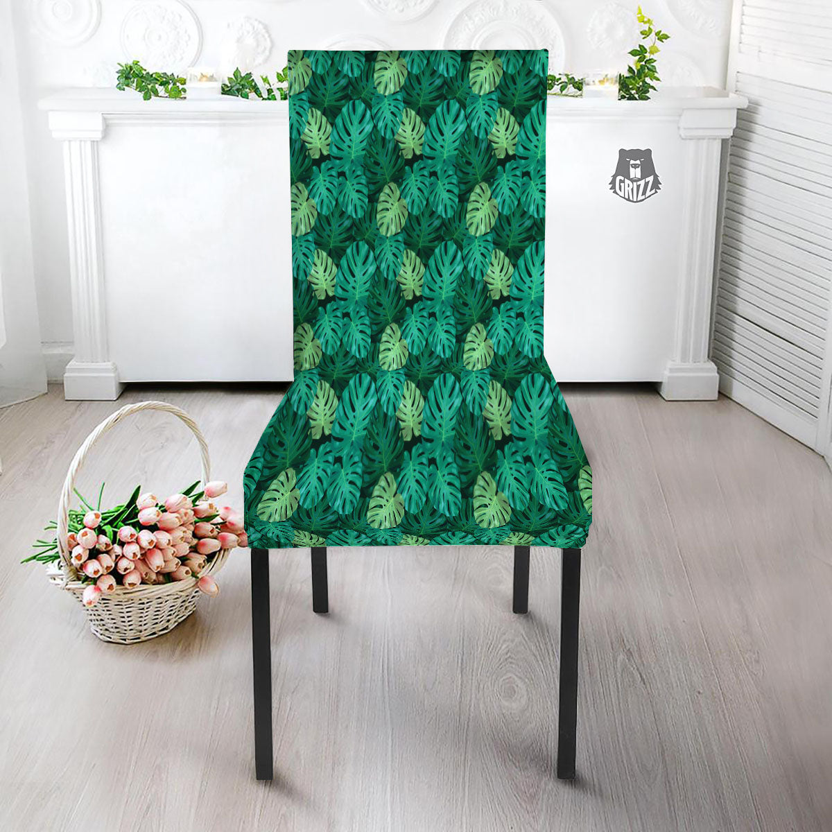 Monstera Leaf Green Print Dining Chair Slipcover-grizzshop