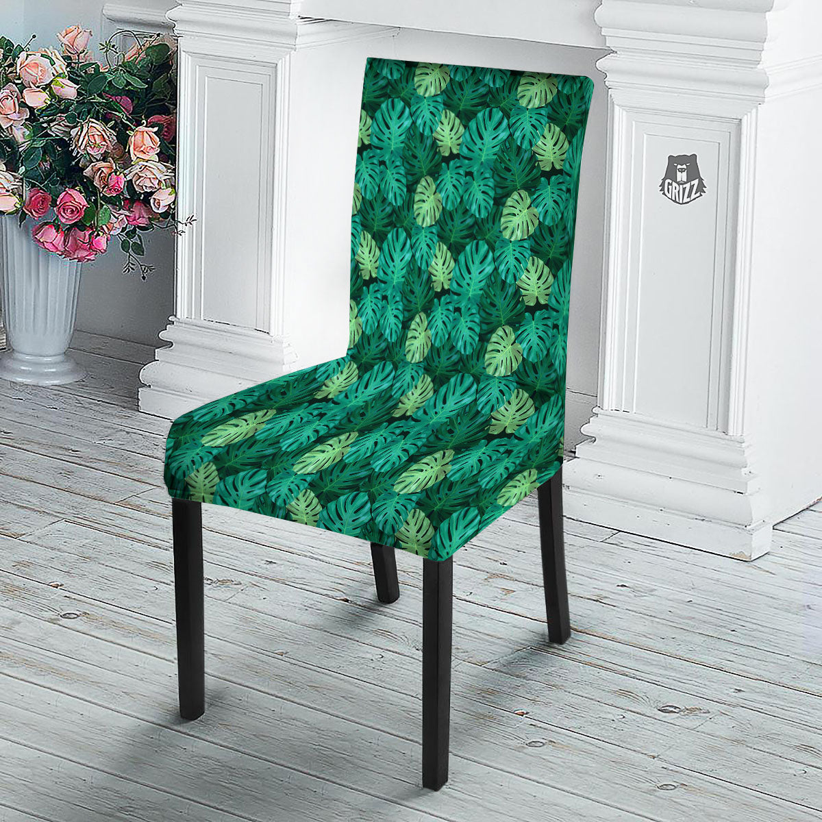 Monstera Leaf Green Print Dining Chair Slipcover-grizzshop