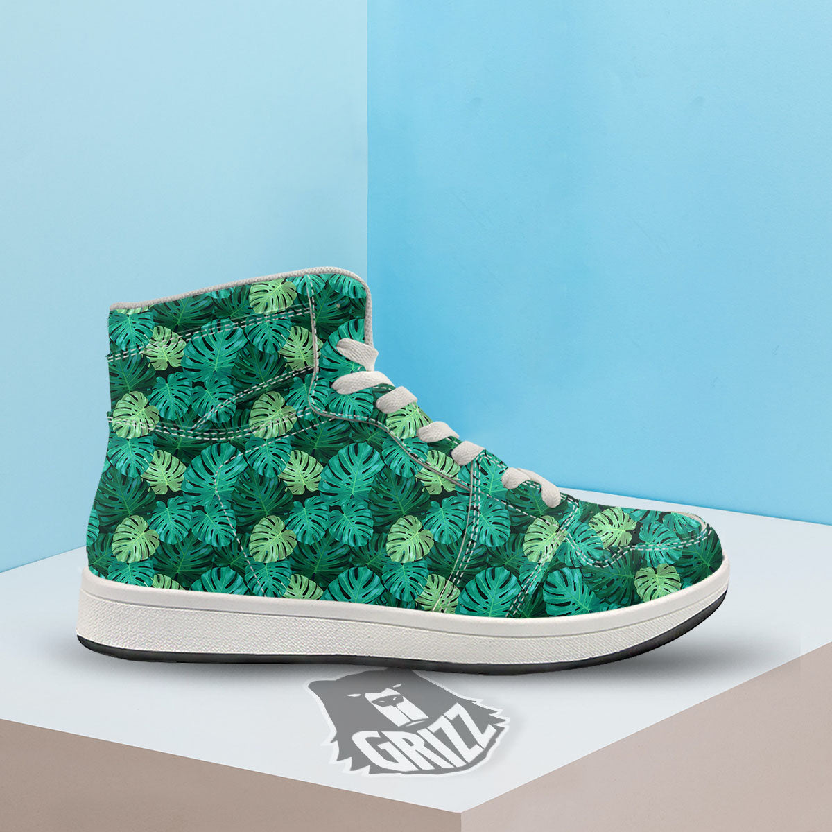 Monstera Leaf Green Print High Top Sneakers-grizzshop