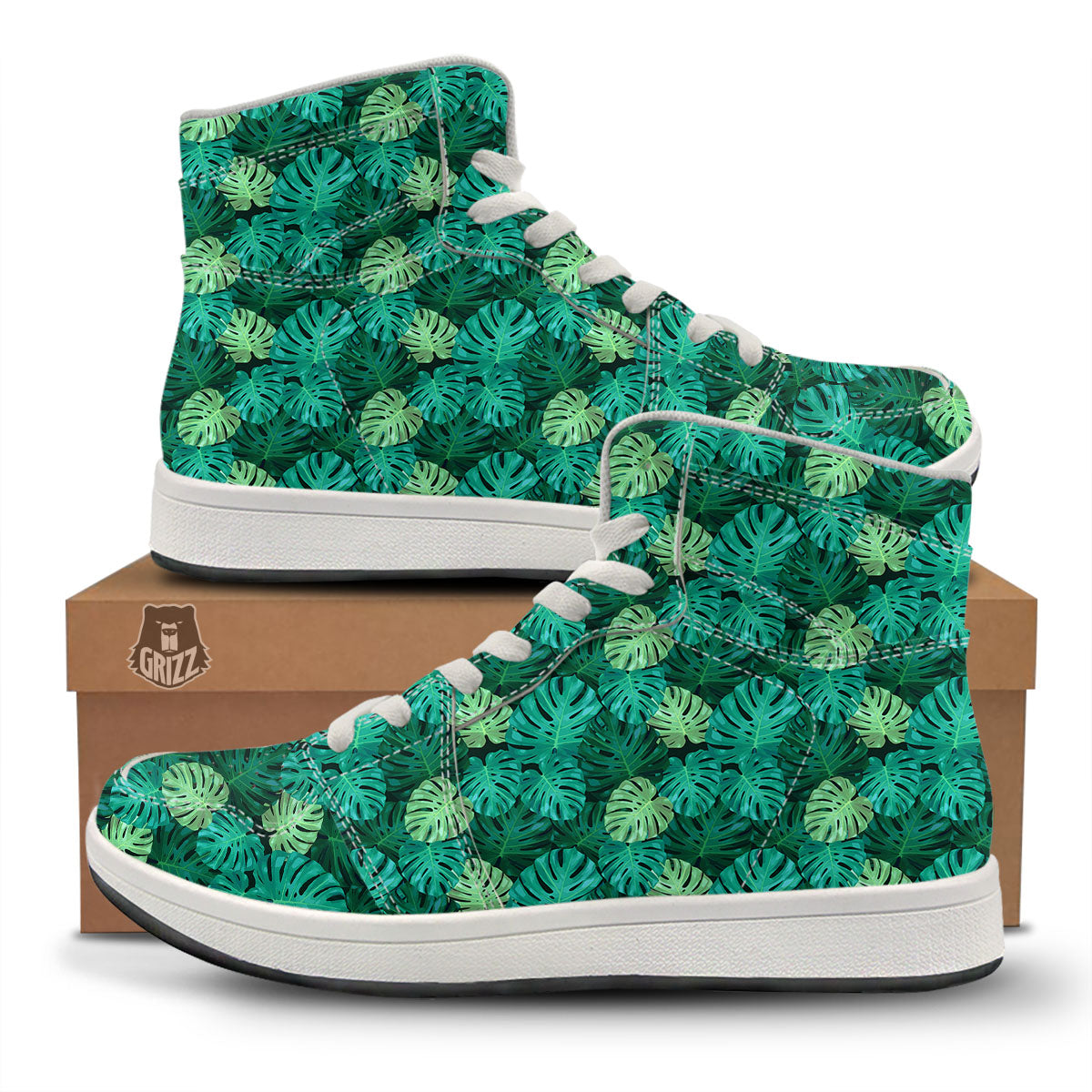 Monstera Leaf Green Print High Top Sneakers-grizzshop