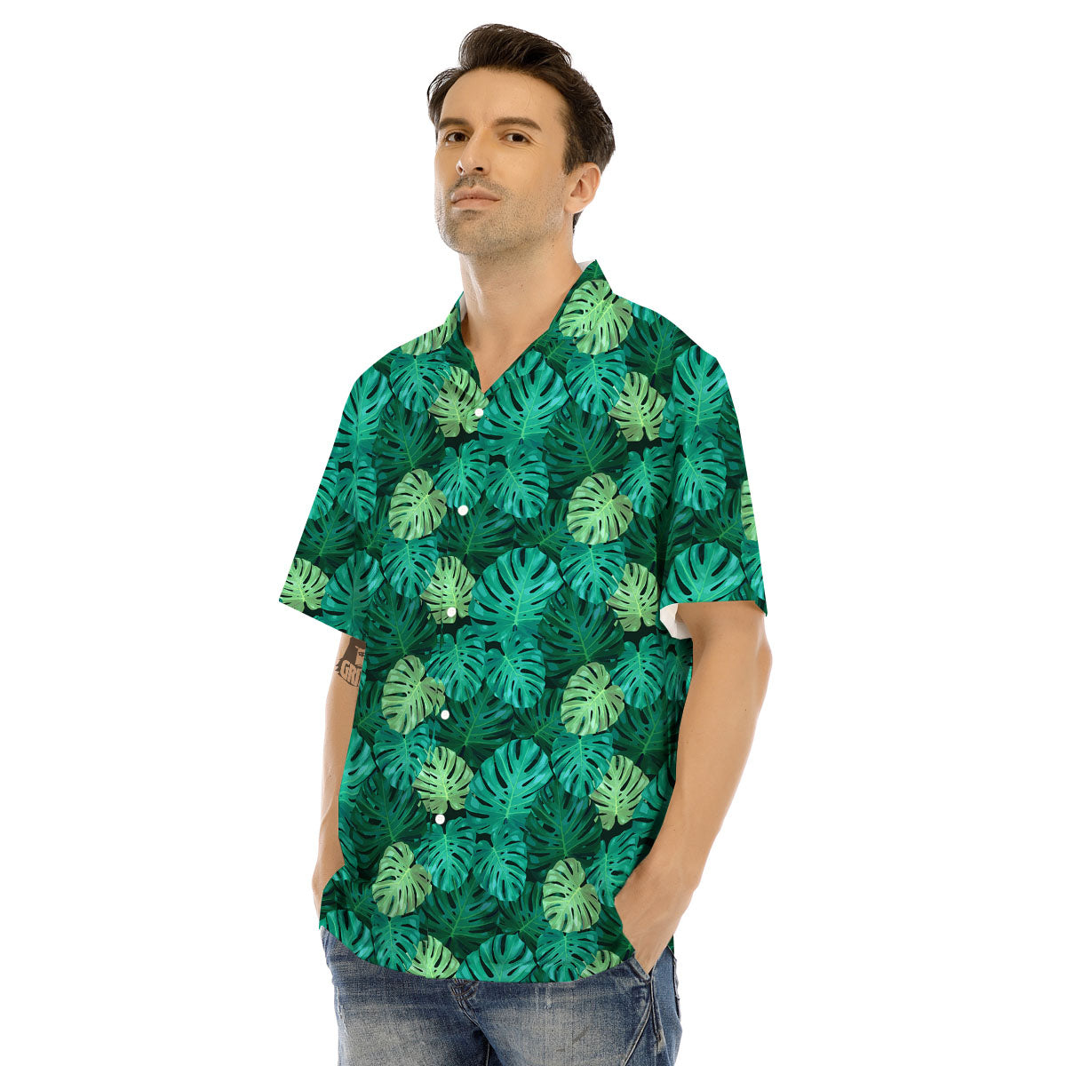 Monstera Leaf Green Print Men's Hawaiian Shirt-grizzshop