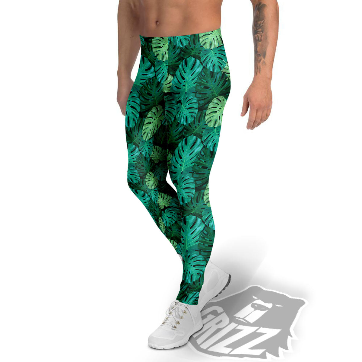 Monstera Leaf Green Print Men's Leggings-grizzshop