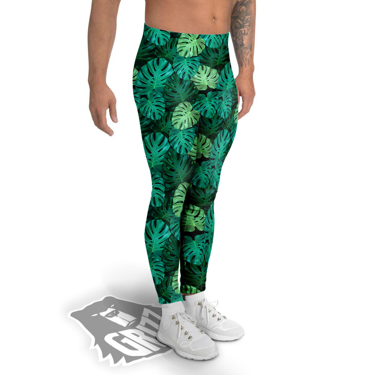 Monstera Leaf Green Print Men's Leggings-grizzshop