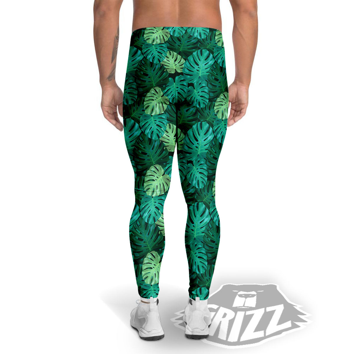 Monstera Leaf Green Print Men's Leggings-grizzshop
