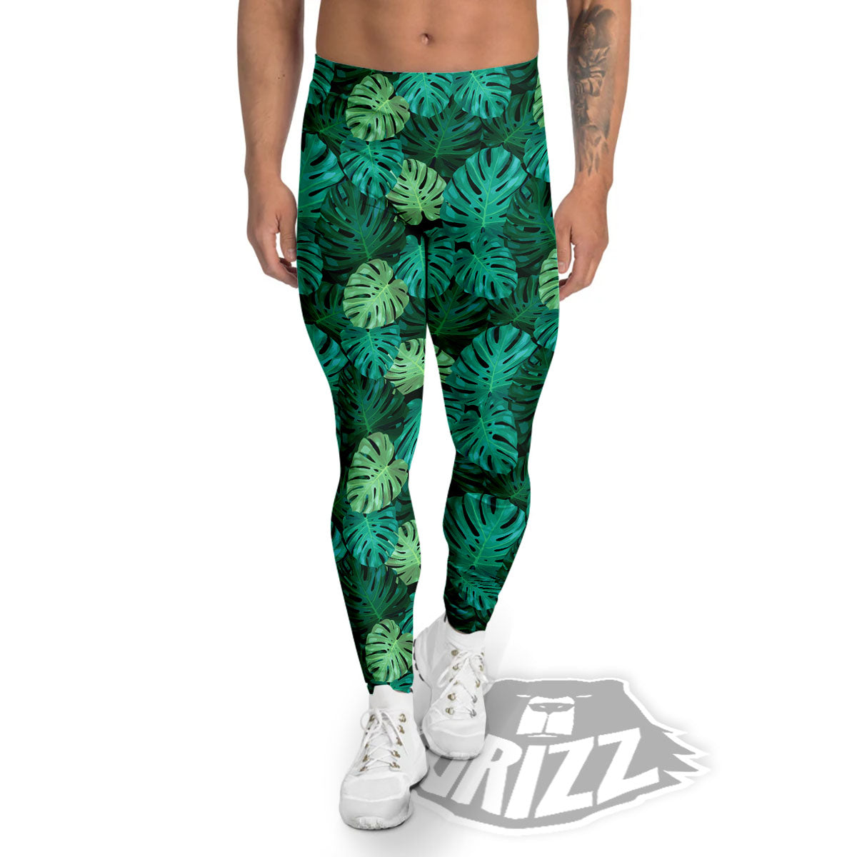 Monstera Leaf Green Print Men's Leggings-grizzshop