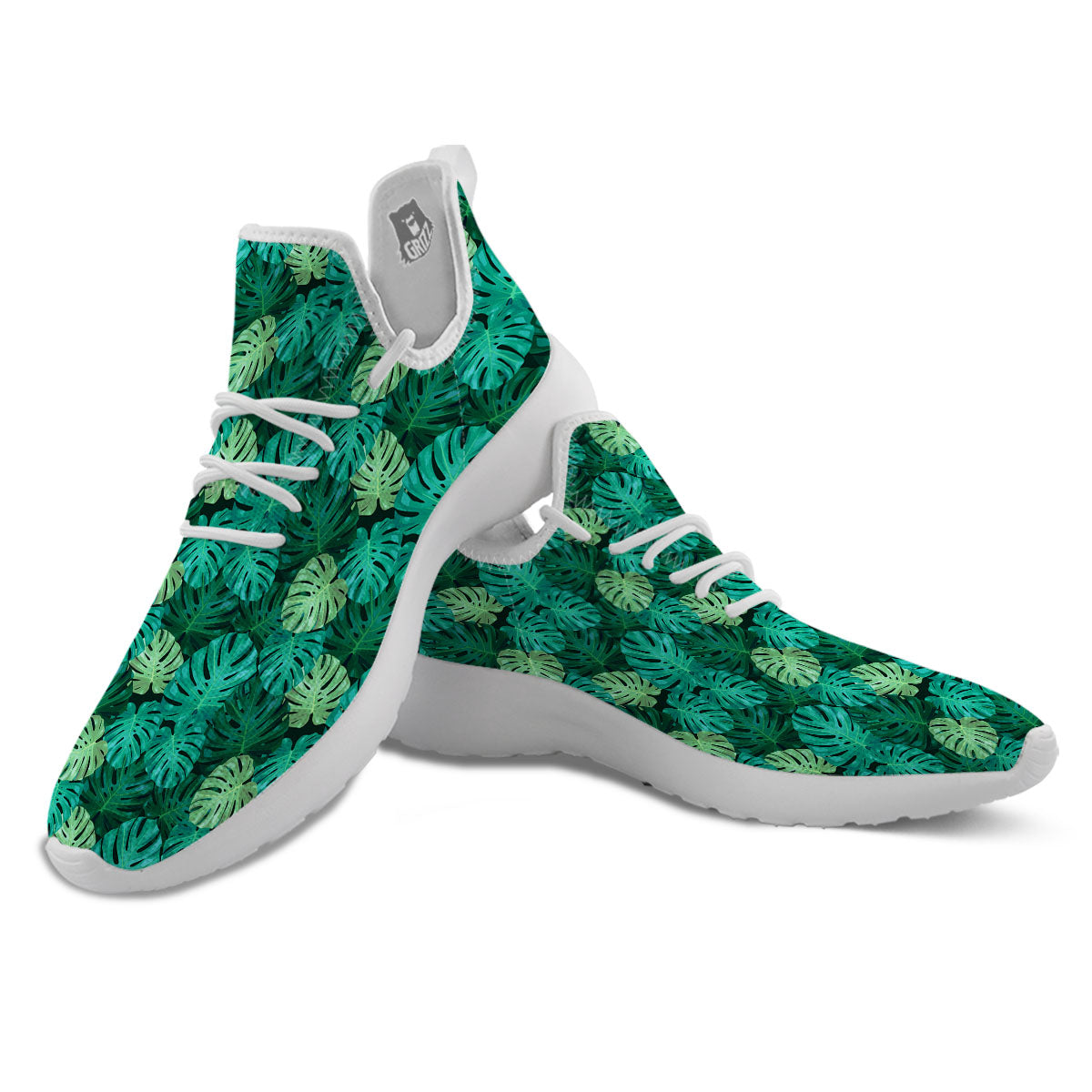 Monstera Leaf Green Print White Athletic Shoes-grizzshop