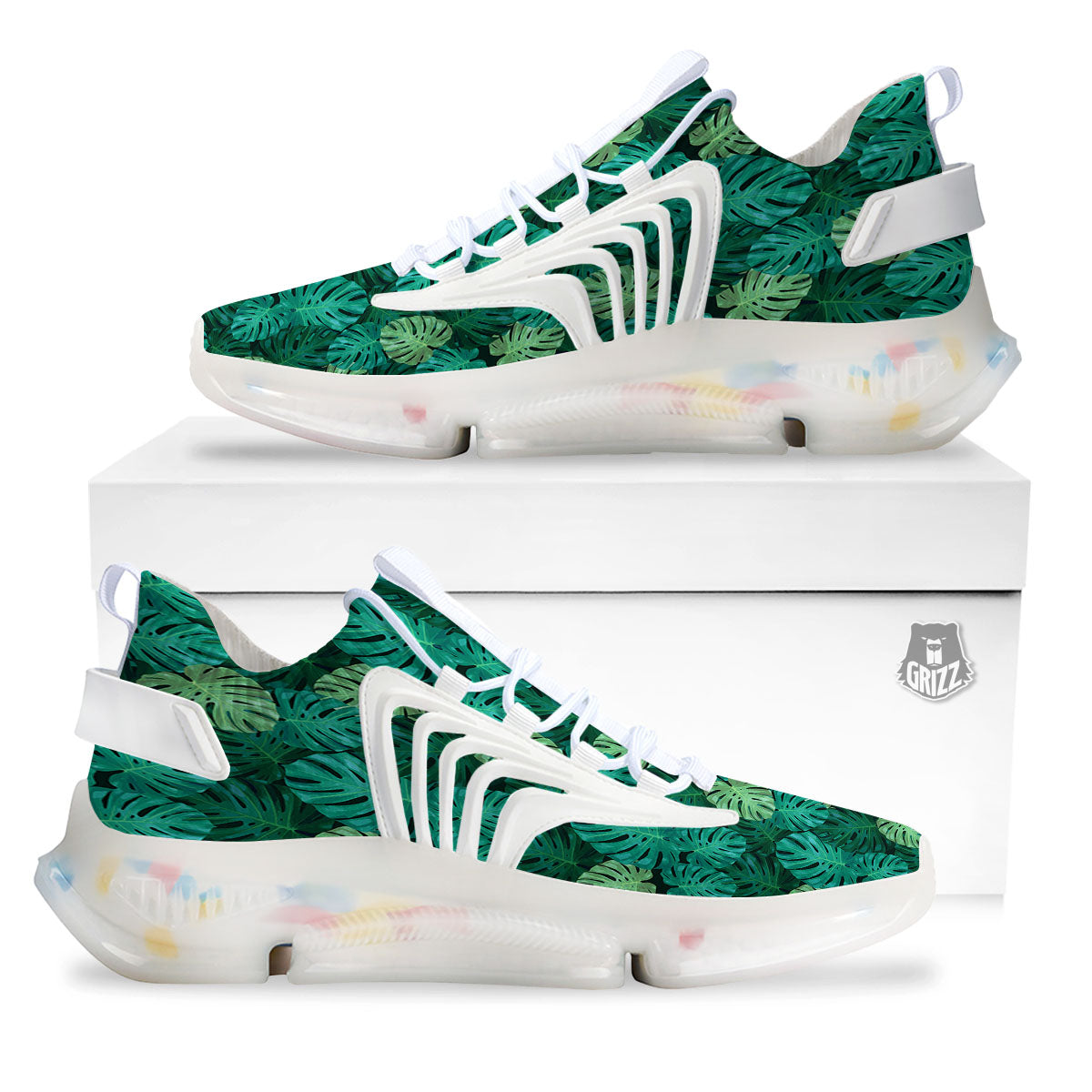 Monstera Leaf Green Print White Gym Shoes-grizzshop