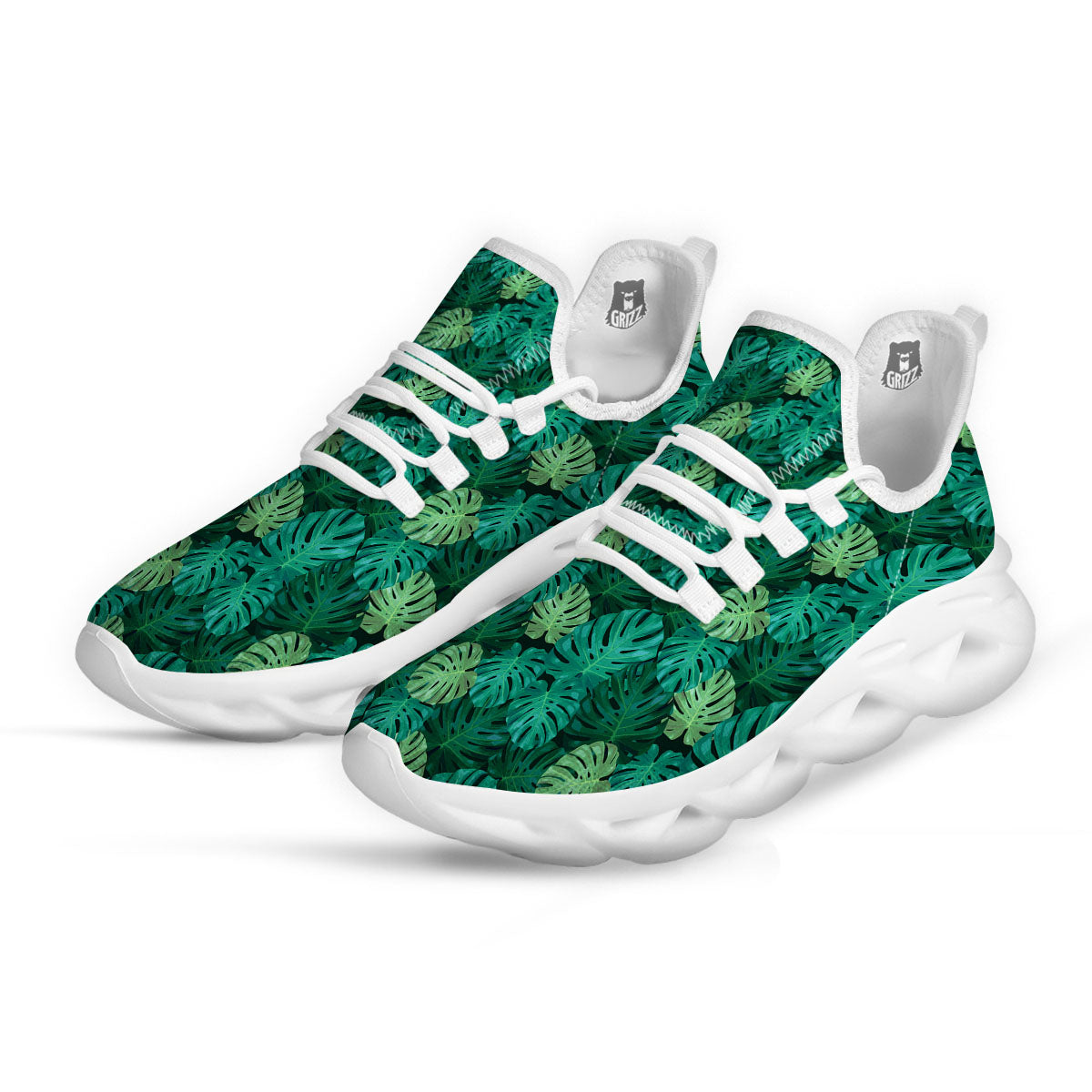 Monstera Leaf Green Print White Running Shoes-grizzshop