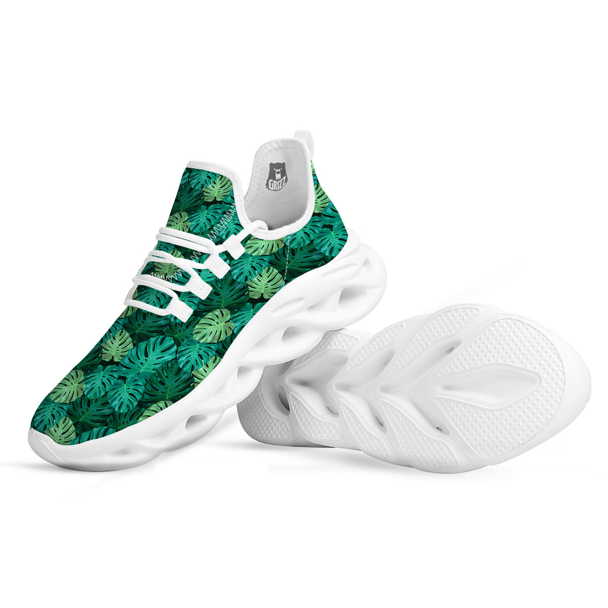 Monstera Leaf Green Print White Running Shoes-grizzshop