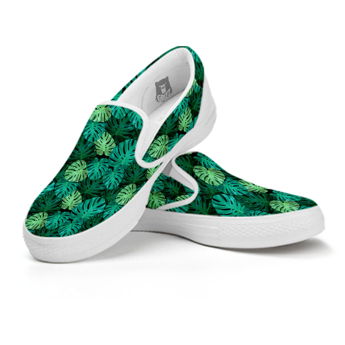 Monstera Leaf Green Print White Slip On Shoes-grizzshop