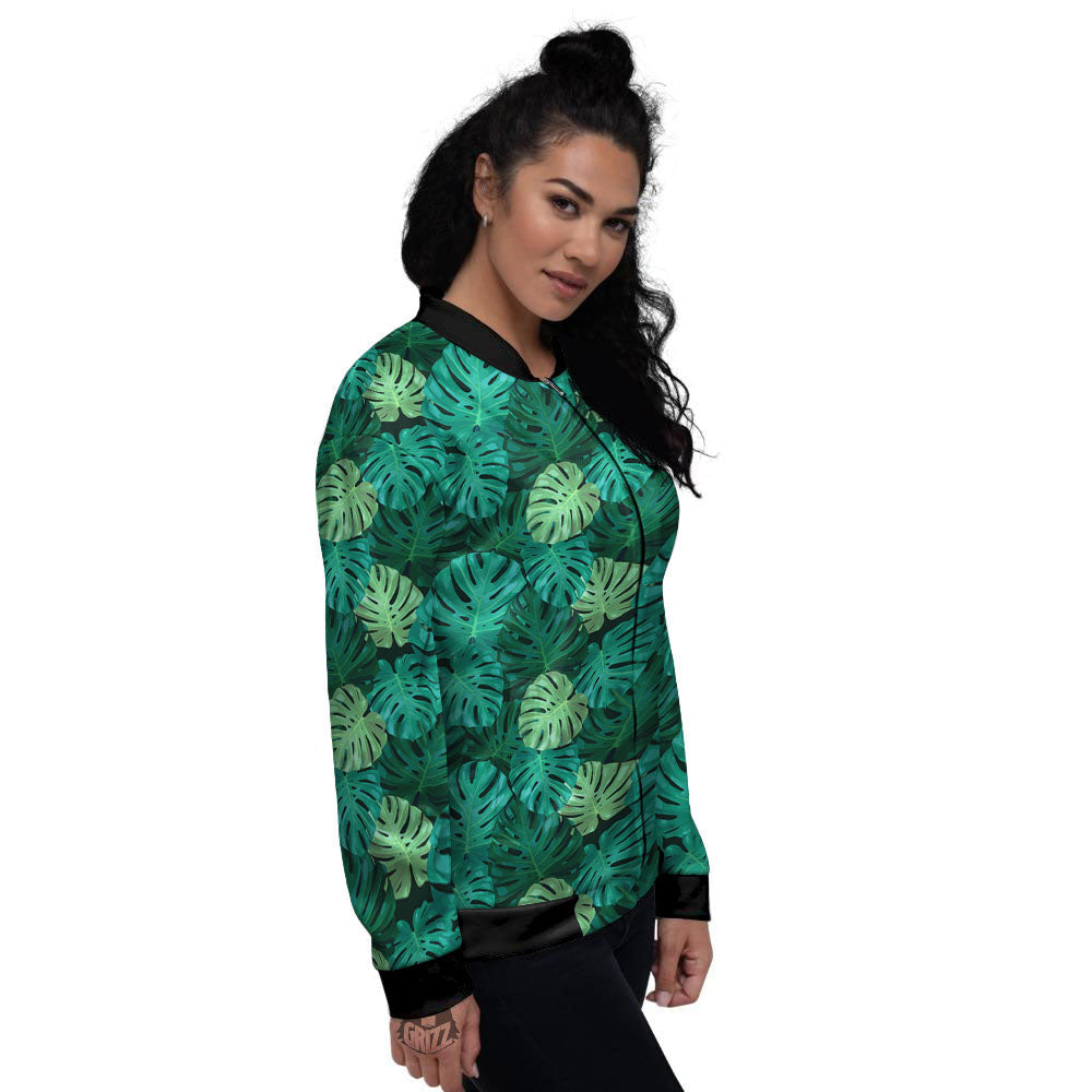 Monstera Leaf Green Print Women's Bomber Jacket-grizzshop