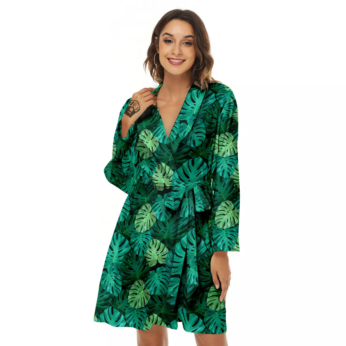 Monstera Leaf Green Print Women's Robe-grizzshop