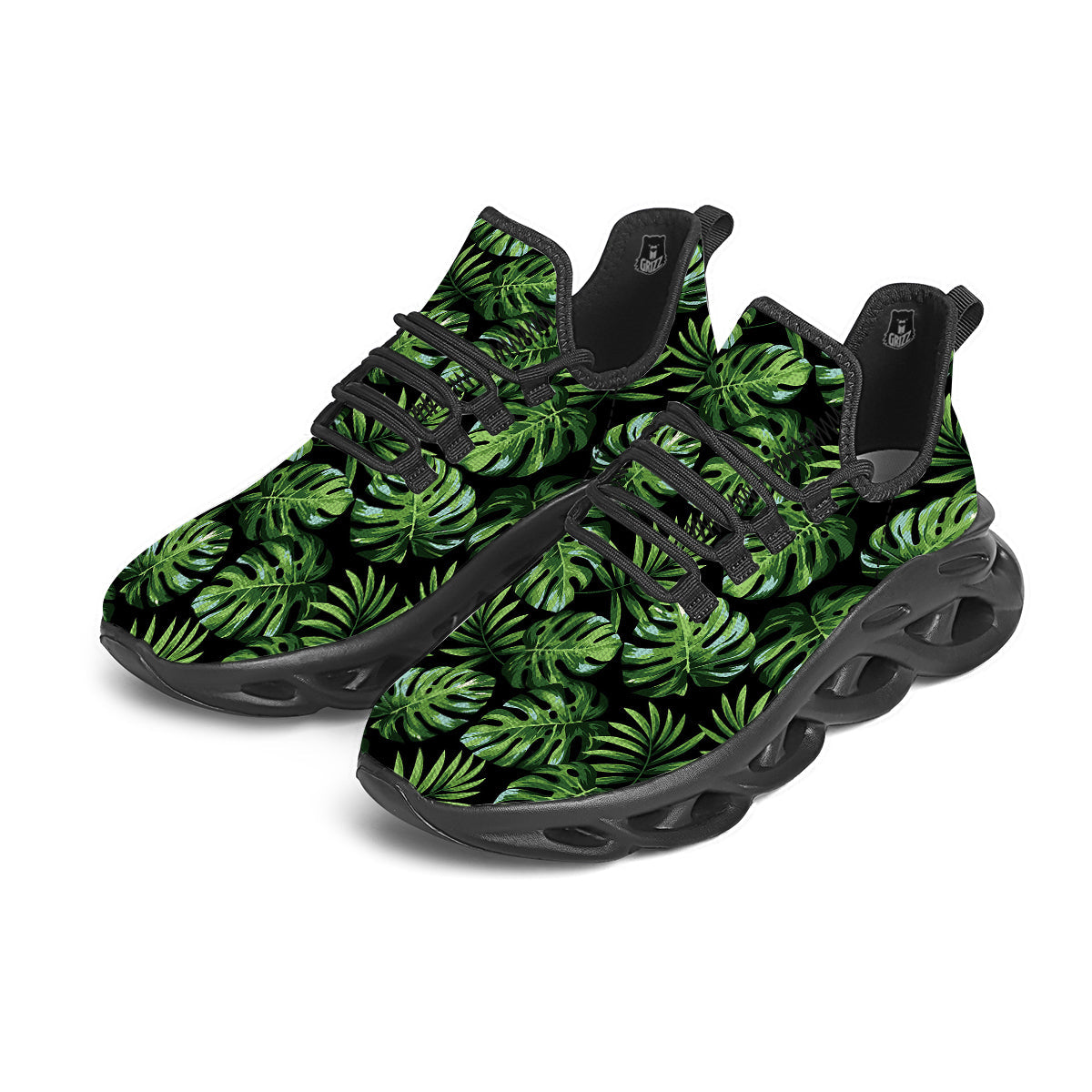 Monstera Leaves Tropical Print Pattern Black Running Shoes-grizzshop