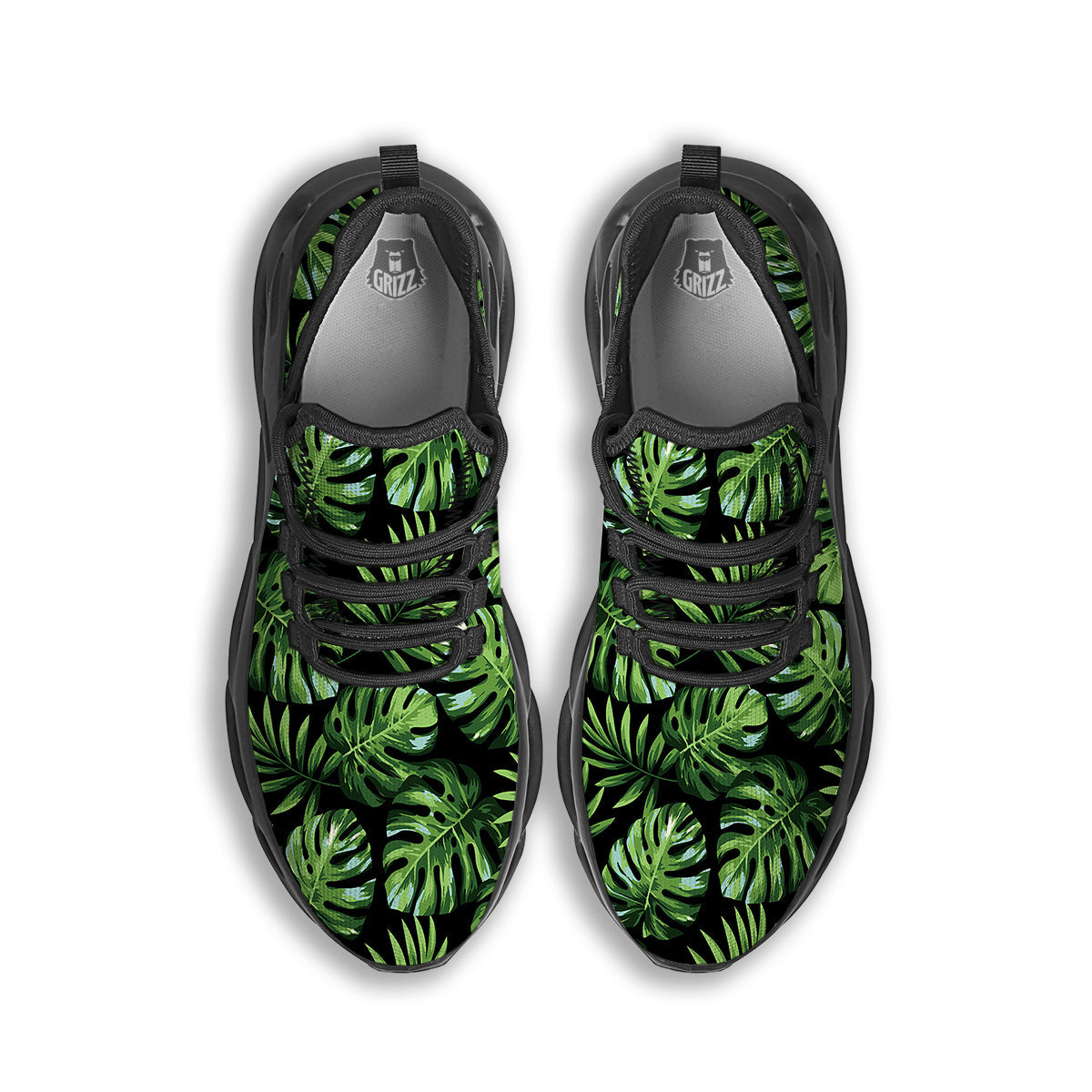 Monstera Leaves Tropical Print Pattern Black Running Shoes-grizzshop