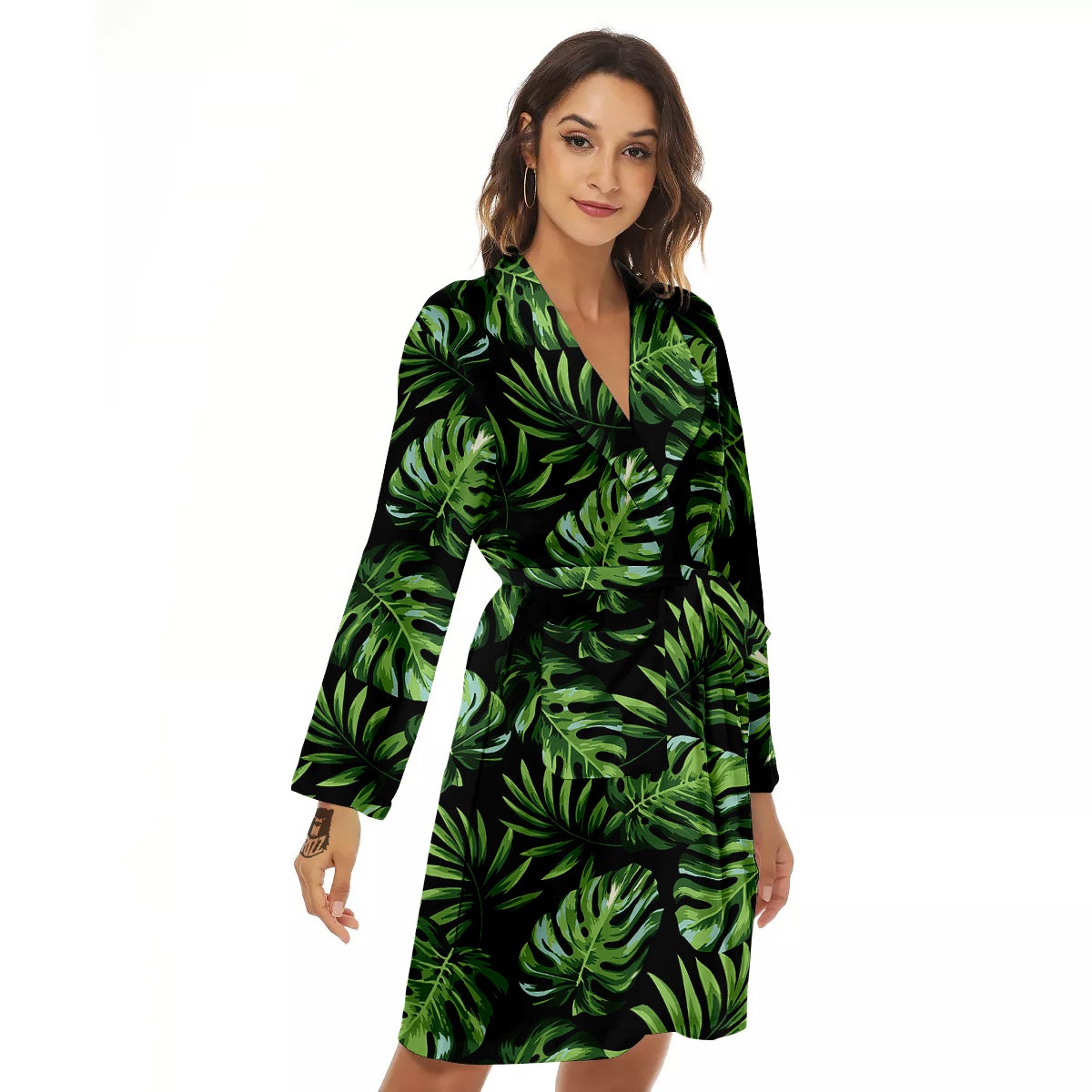 Monstera Leaves Tropical Print Pattern Women's Robe-grizzshop