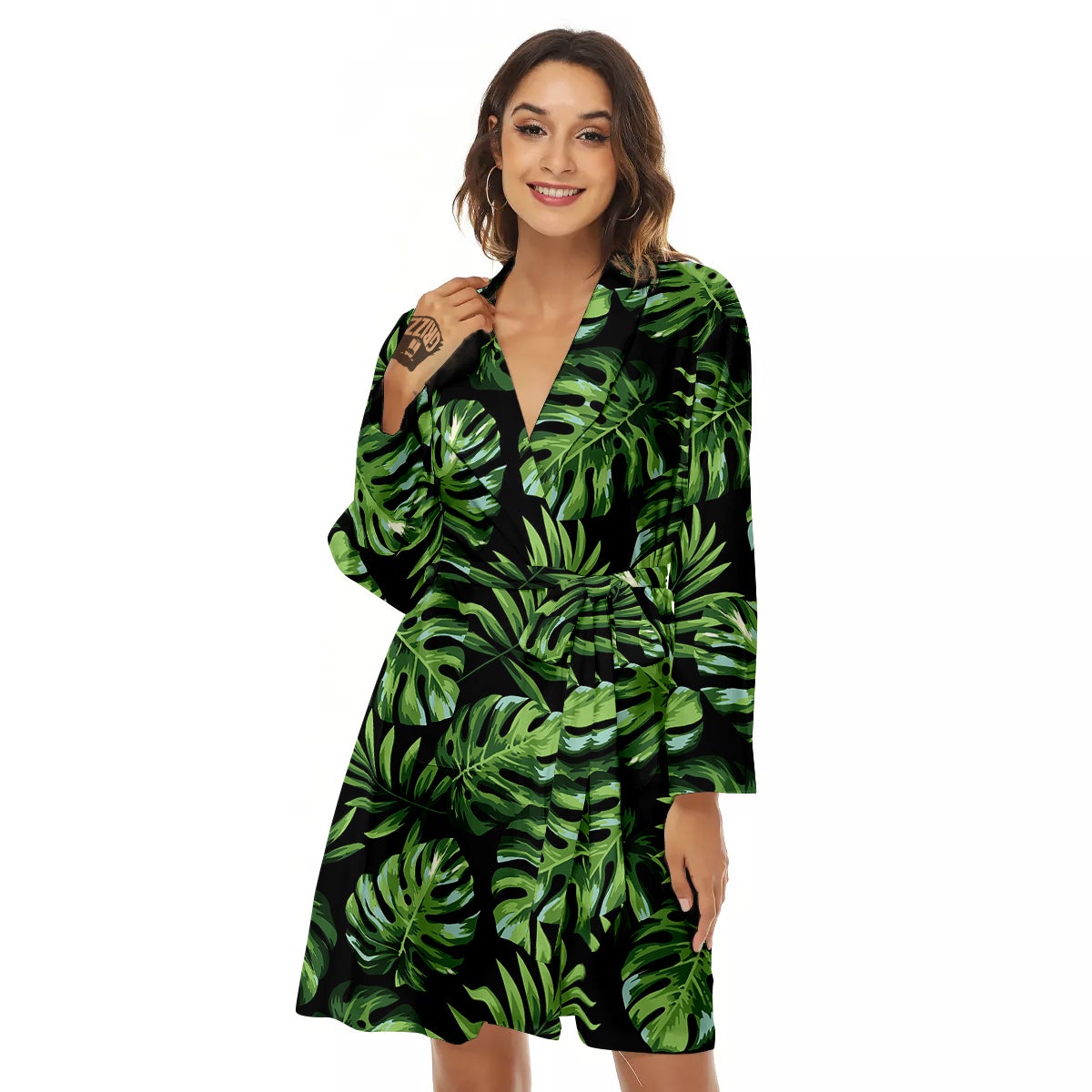 Monstera Leaves Tropical Print Pattern Women's Robe-grizzshop