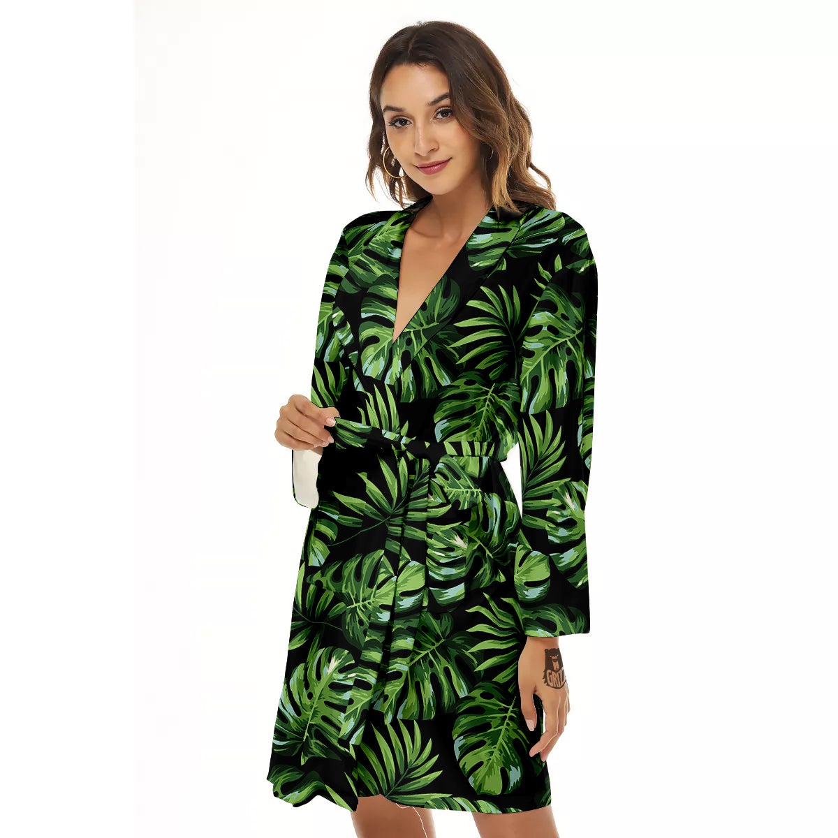 Monstera Leaves Tropical Print Pattern Women's Robe-grizzshop