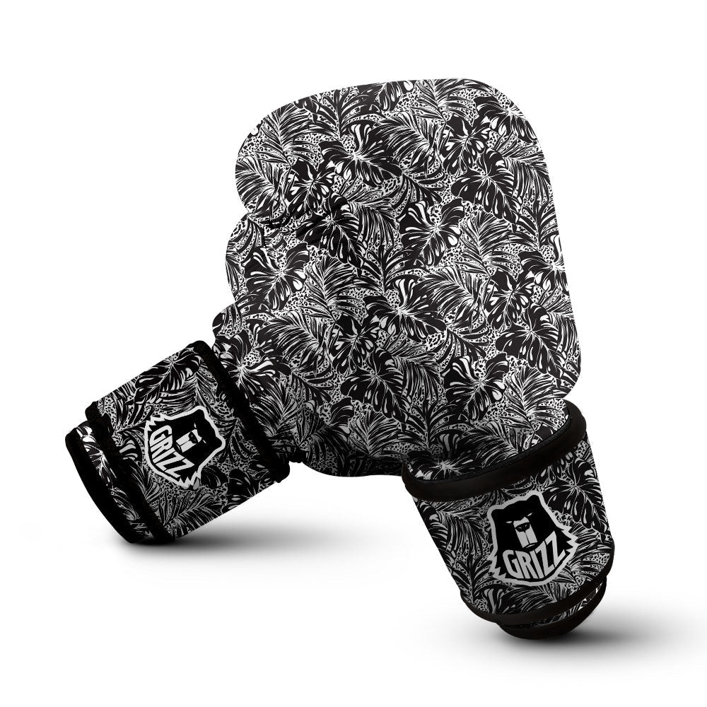 Monstera White And Black Print Pattern Boxing Gloves-grizzshop