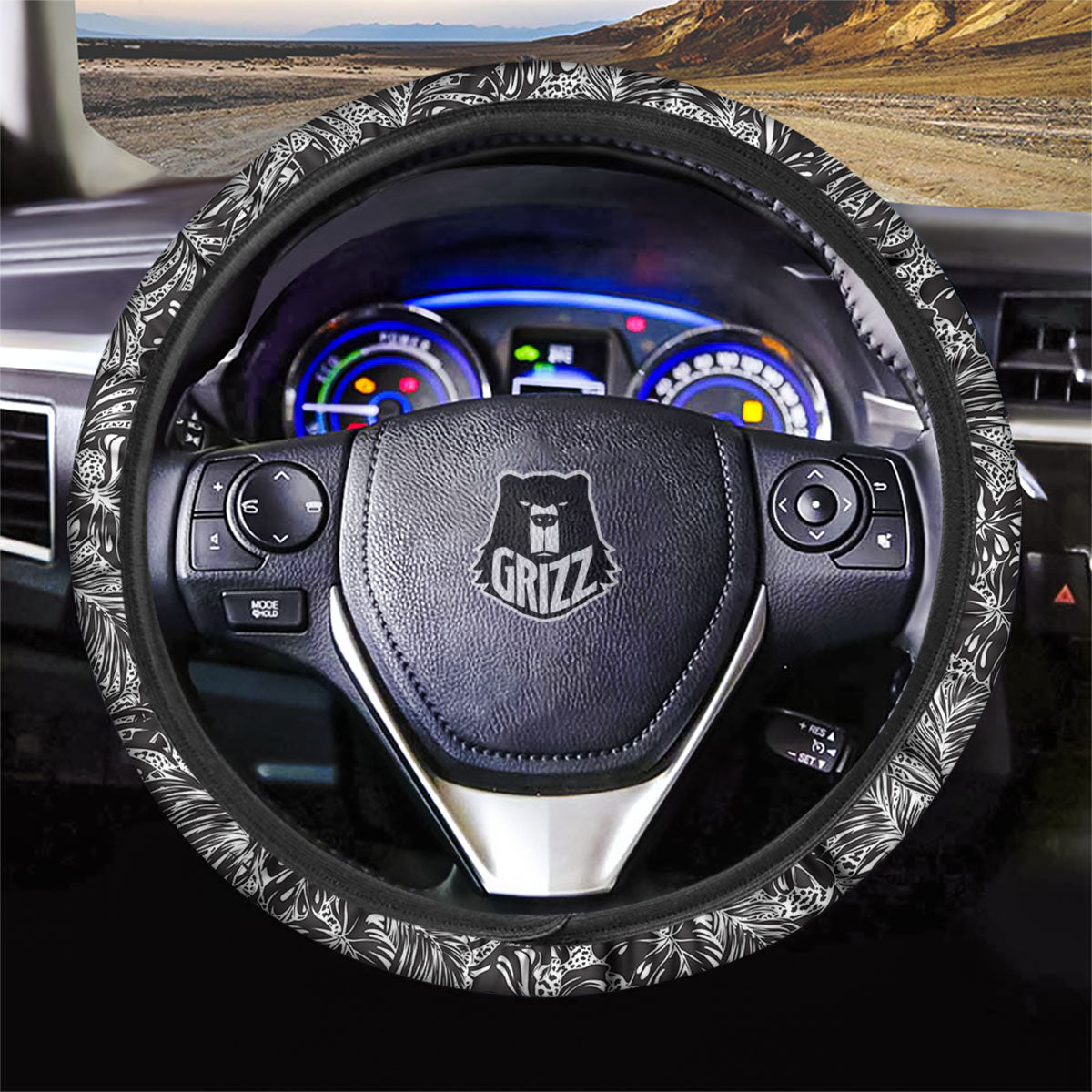 Monstera White And Black Print Pattern Car Steering Wheel Cover-grizzshop