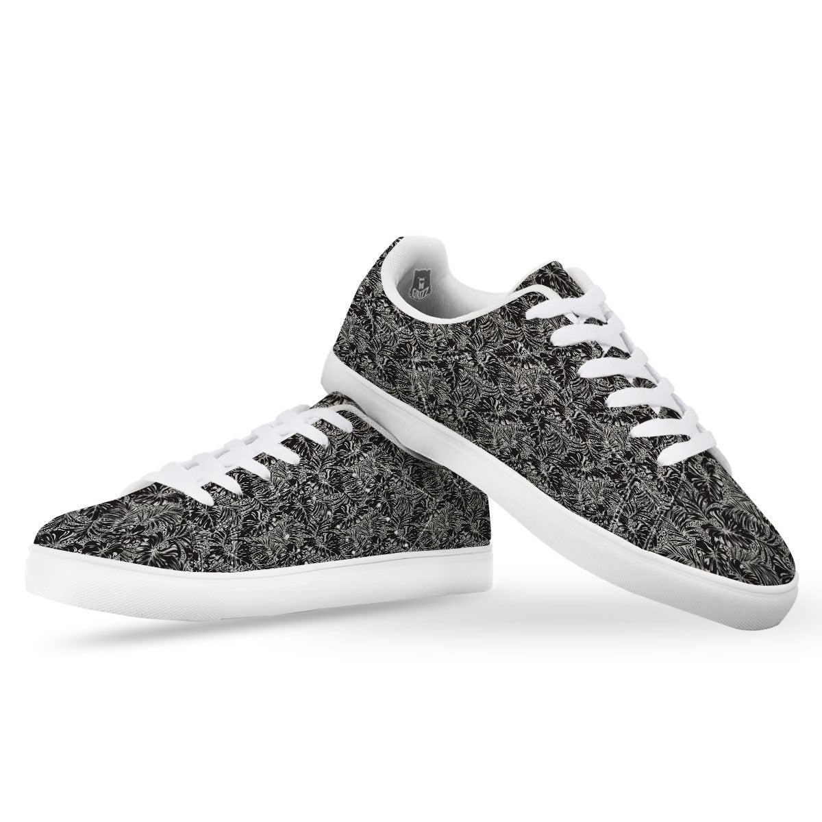 Monstera White And Black Print Pattern White Low Top Sneakers-grizzshop