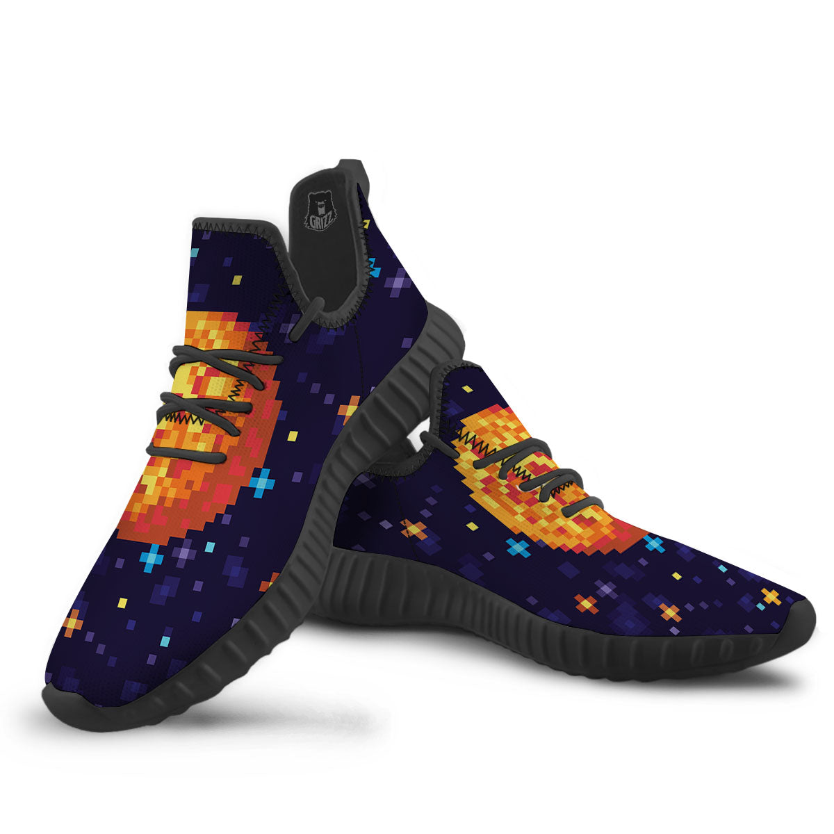 Moon 8-Bit Pixel Print Black Walking Shoes-grizzshop