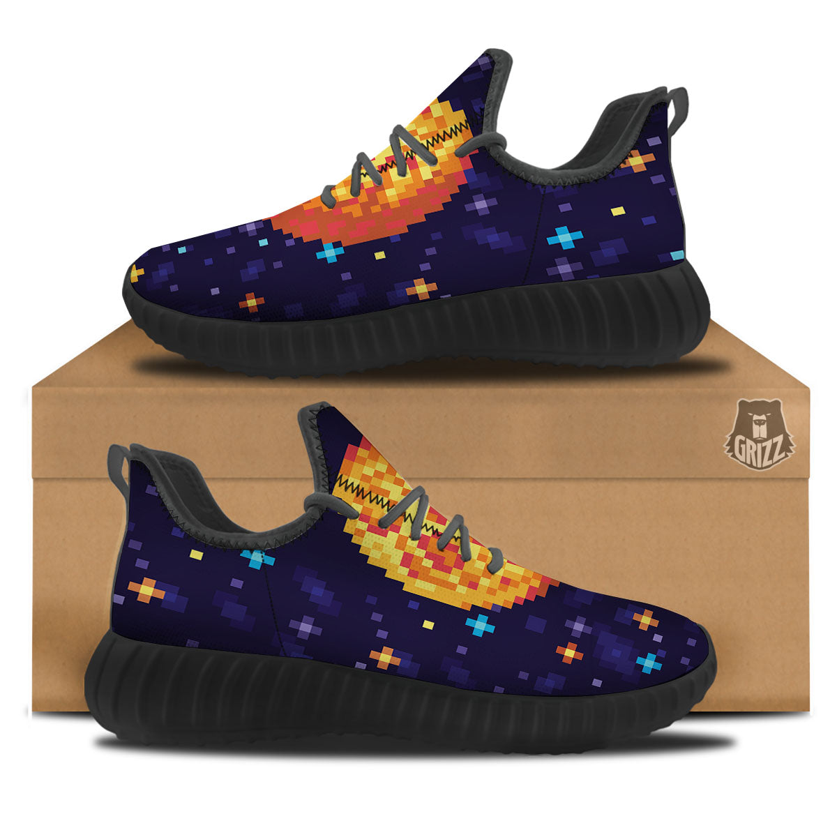 Moon 8-Bit Pixel Print Black Walking Shoes-grizzshop
