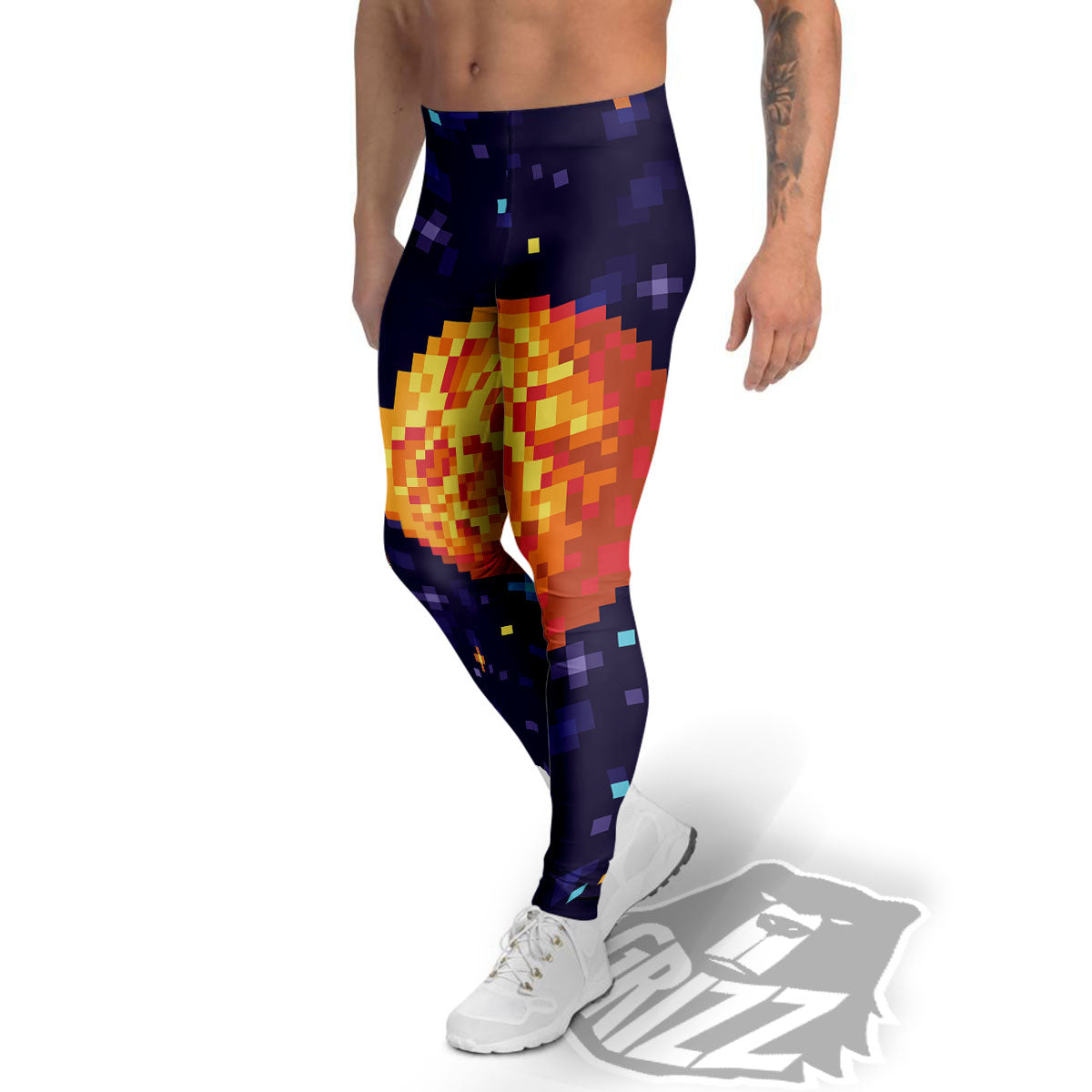 Moon 8-Bit Pixel Print Men's Leggings-grizzshop