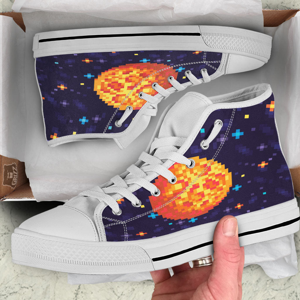 Moon 8-Bit Pixel Print White High Top Shoes-grizzshop