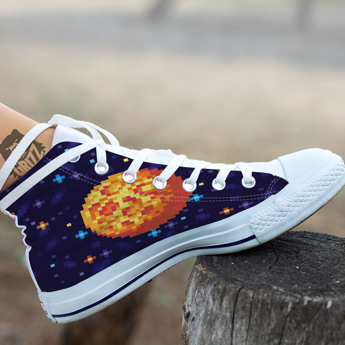 Moon 8-Bit Pixel Print White High Top Shoes-grizzshop
