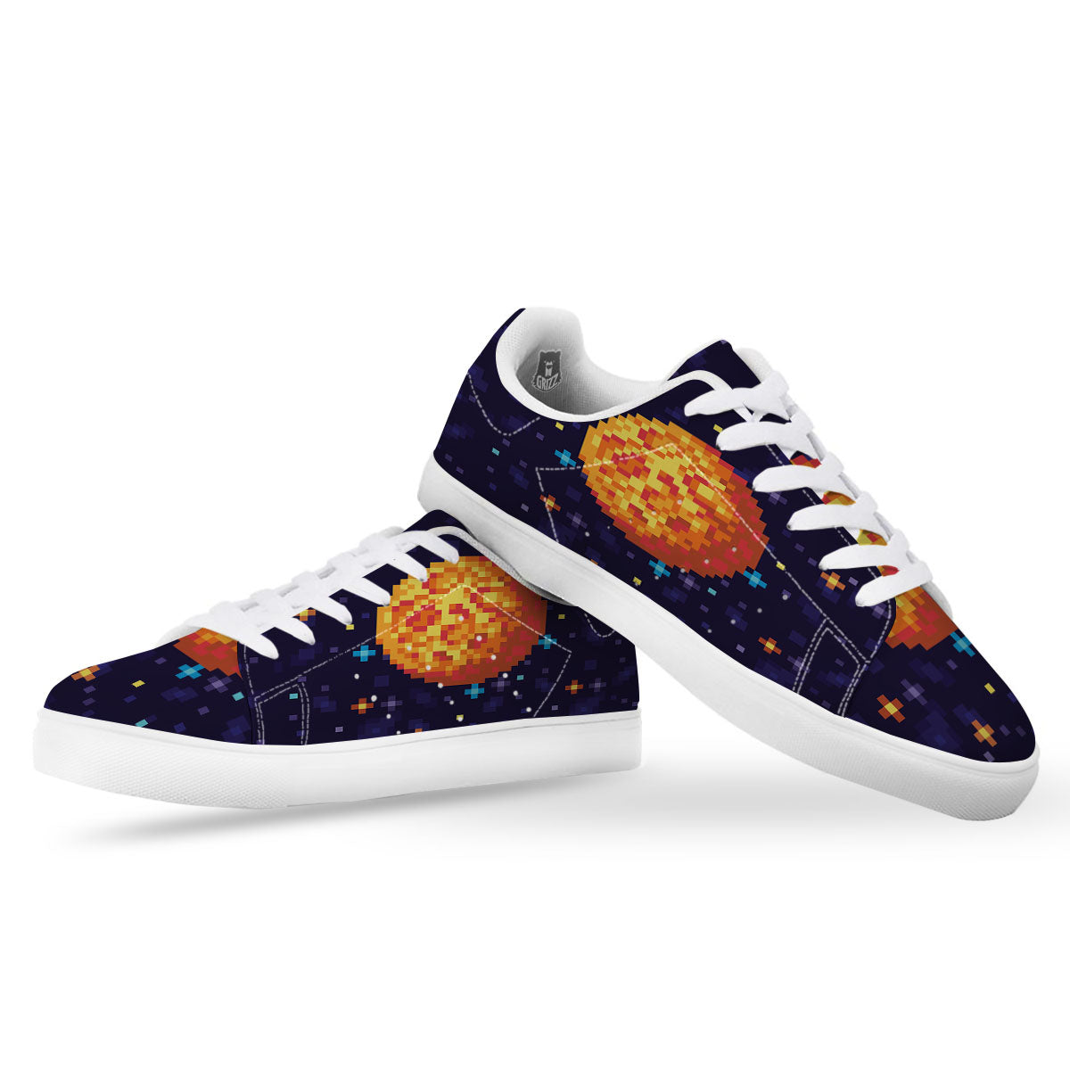Moon 8-Bit Pixel Print White Low Top Sneakers-grizzshop