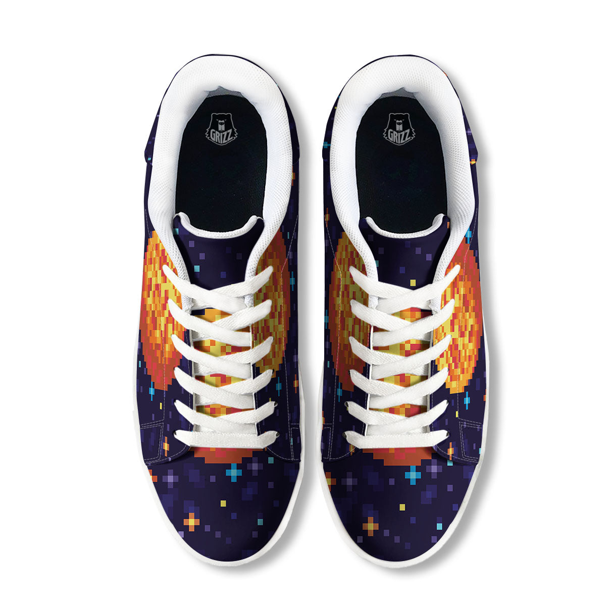 Moon 8-Bit Pixel Print White Low Top Sneakers-grizzshop