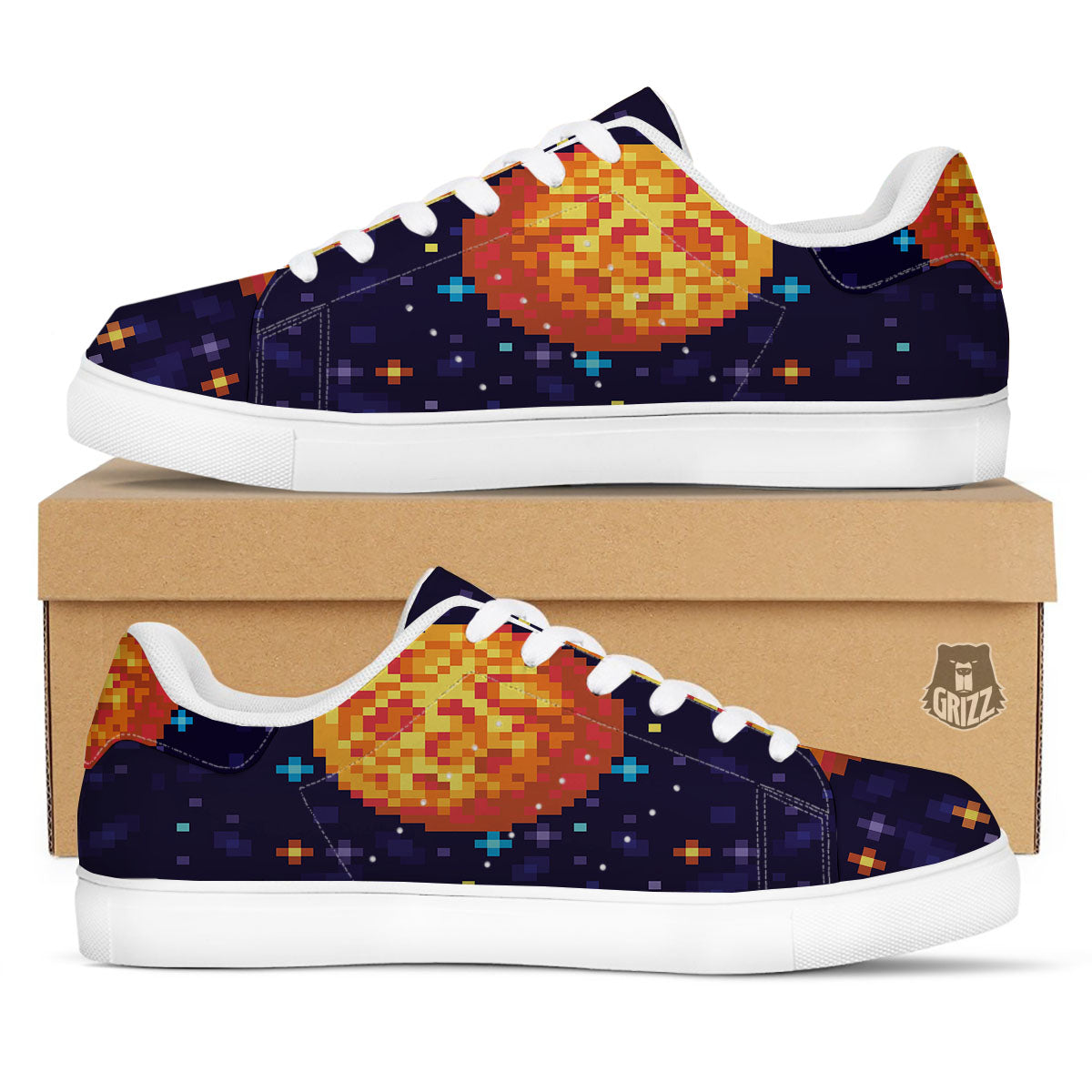 Moon 8-Bit Pixel Print White Low Top Sneakers-grizzshop
