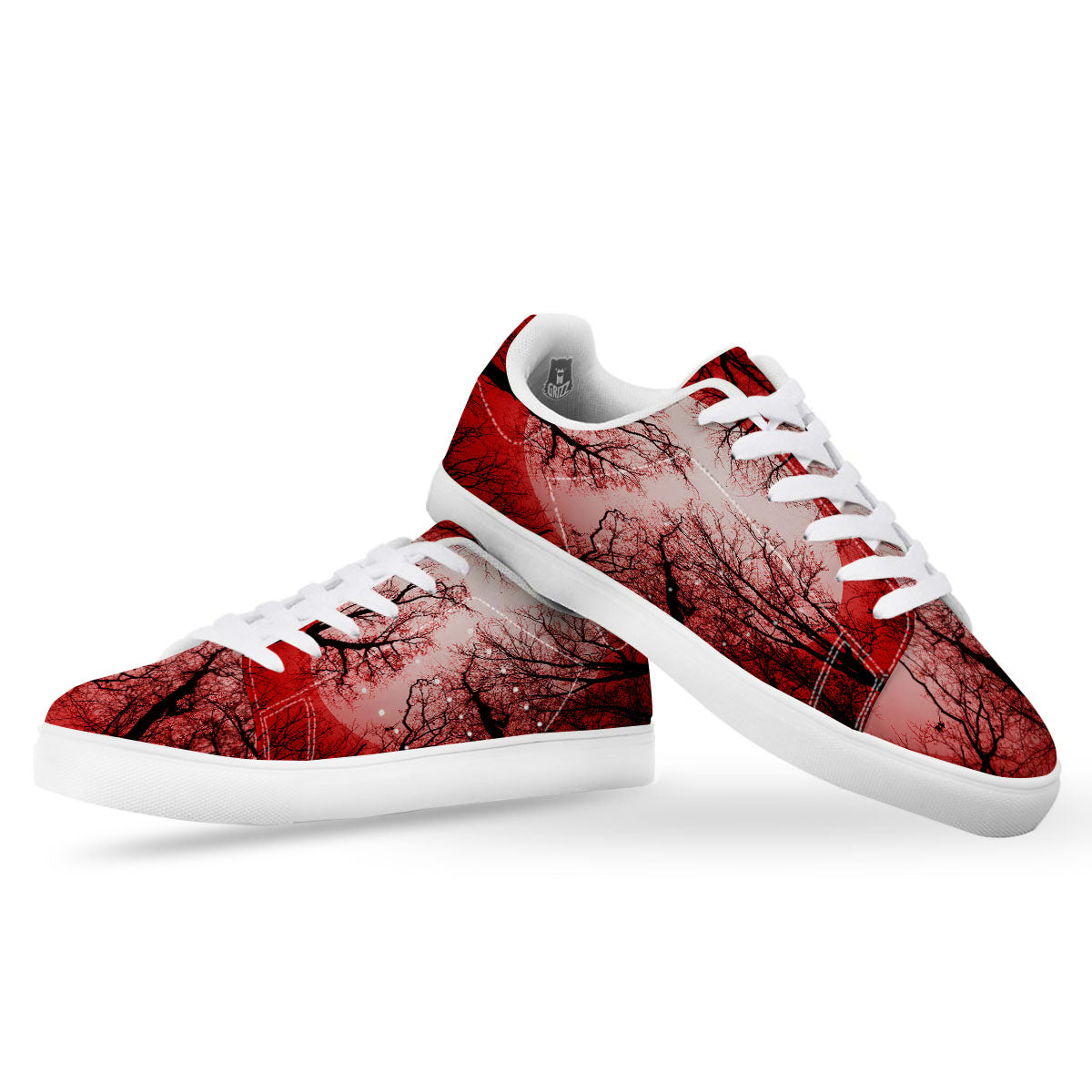 Moon And Horror Forest Print White Low Top Sneakers-grizzshop