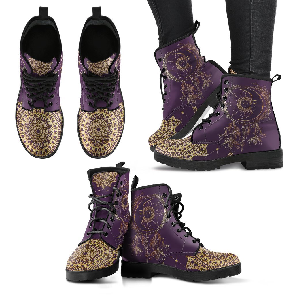 Moon Dream Catcher Gold Women's Leather Boots-grizzshop