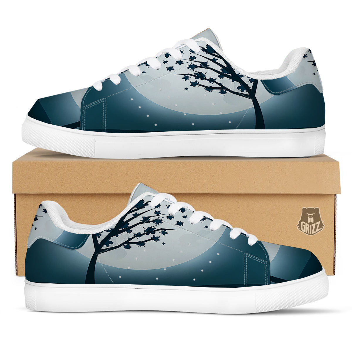Moon Full Autumn Print White Low Top Sneakers-grizzshop