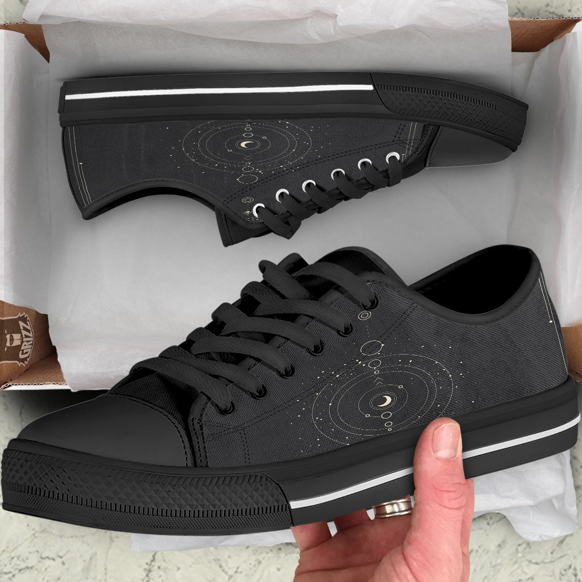 Moon Phase Galaxy Print Black Low Top Shoes-grizzshop