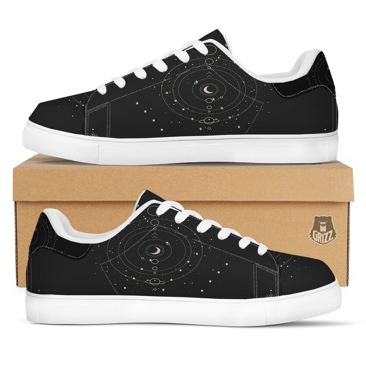 Moon Phase Galaxy Print White Low Top Sneakers-grizzshop