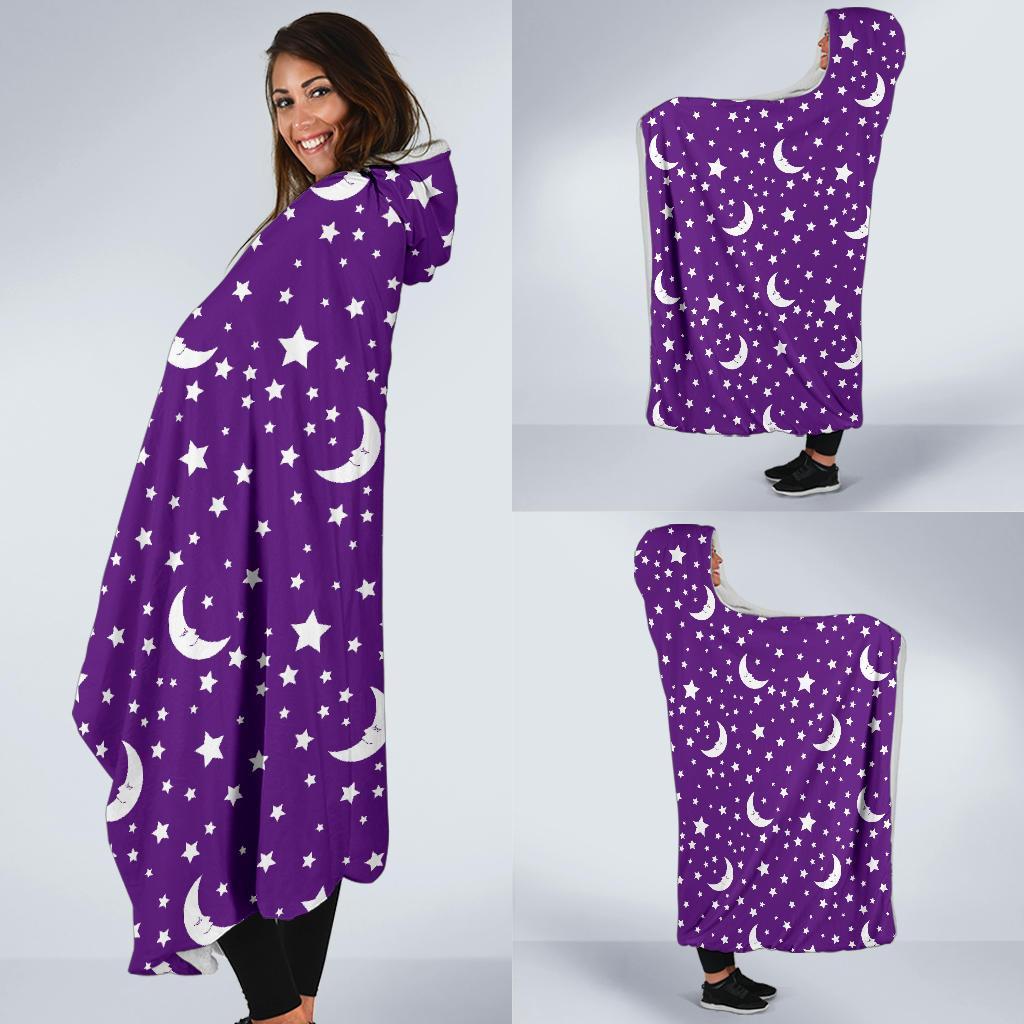 Moon Purple Pattern Print Hooded Blanket-grizzshop