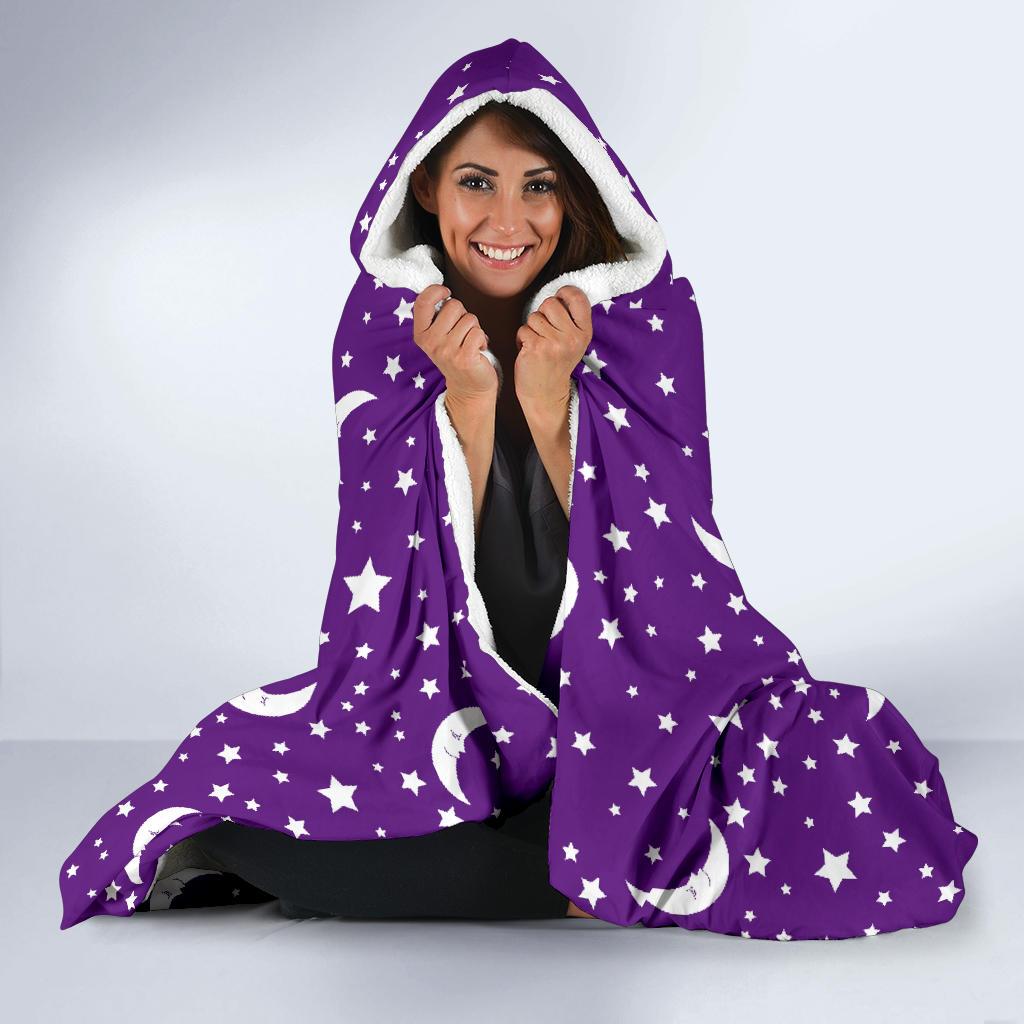 Moon Purple Pattern Print Hooded Blanket-grizzshop