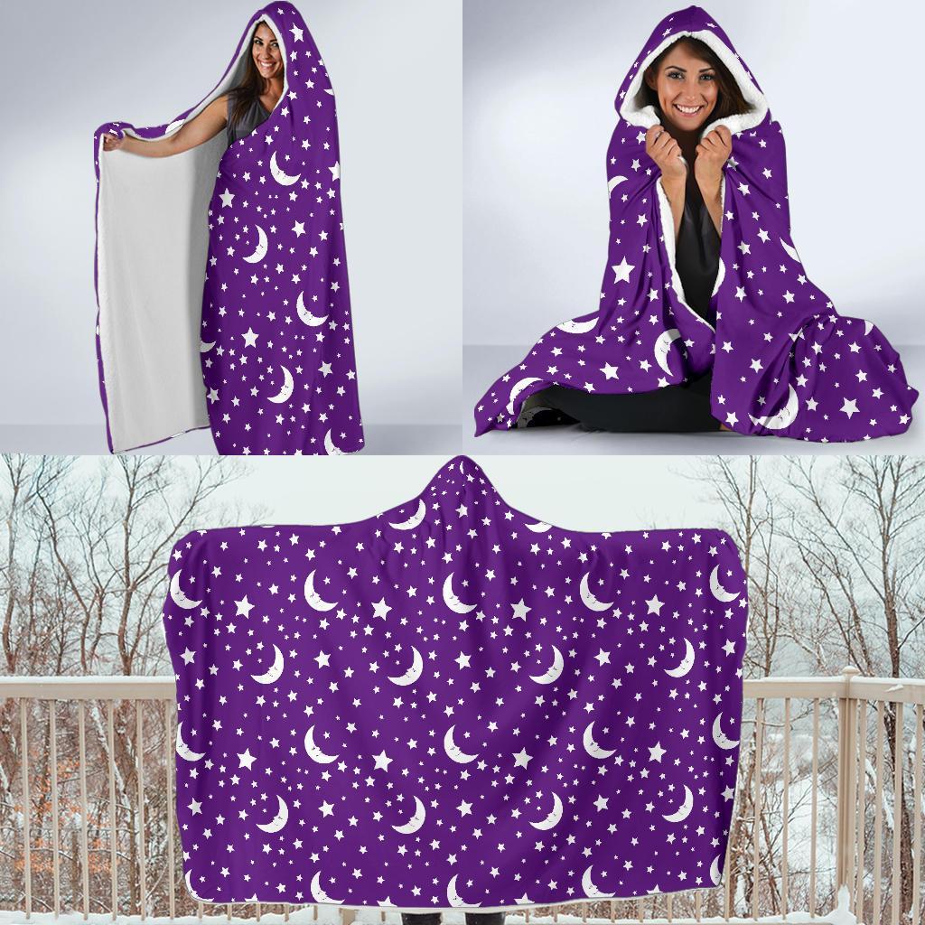 Moon Purple Pattern Print Hooded Blanket-grizzshop