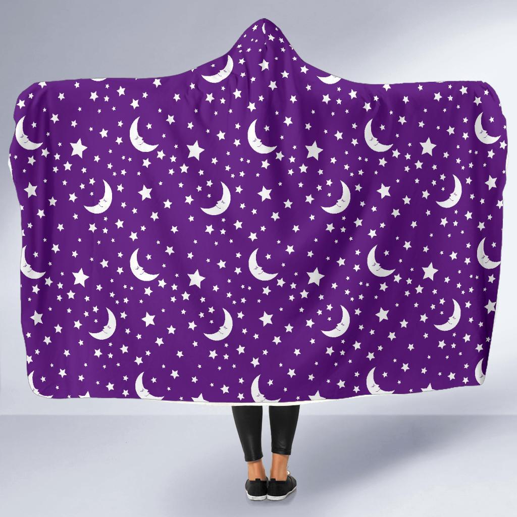 Moon Purple Pattern Print Hooded Blanket-grizzshop