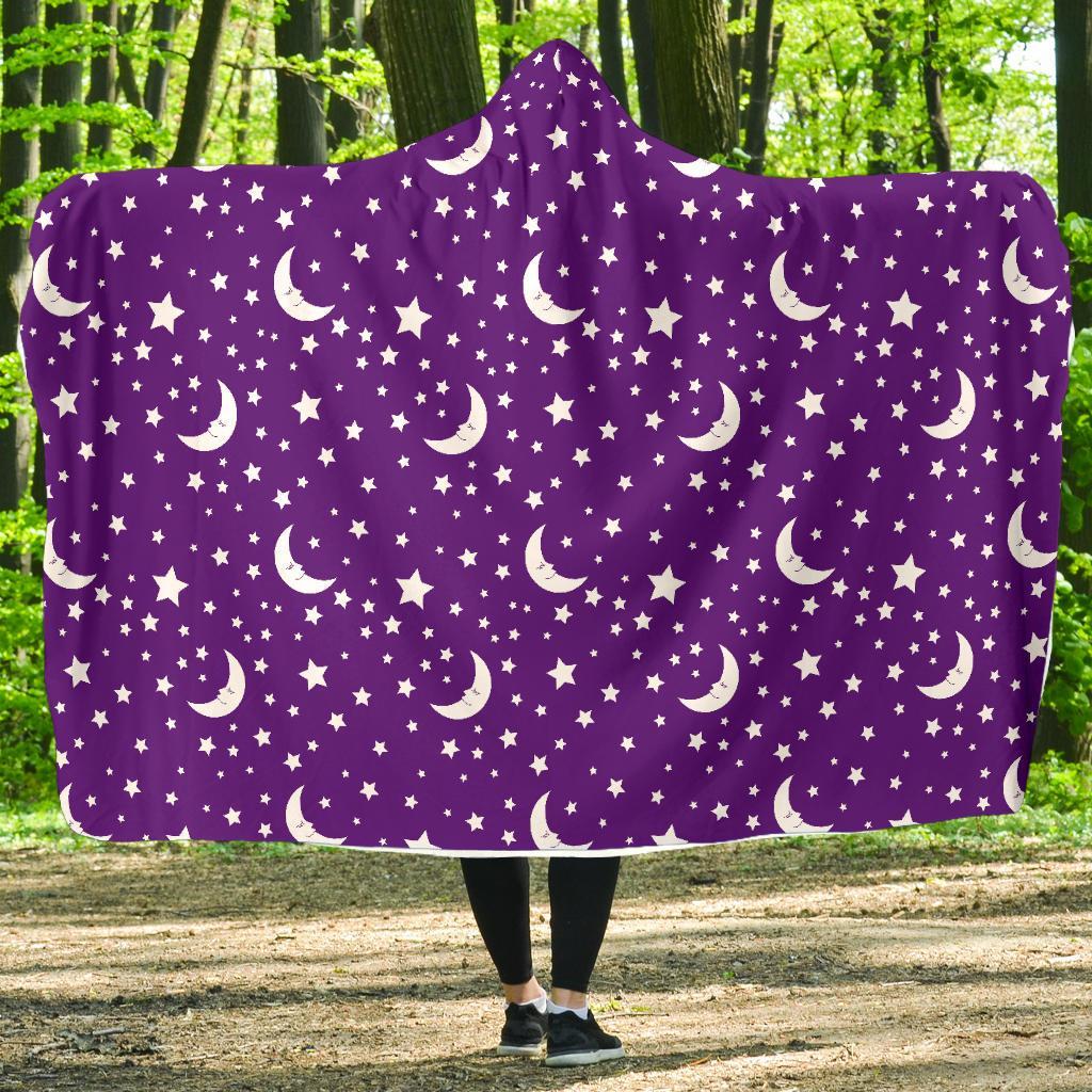 Moon Purple Pattern Print Hooded Blanket-grizzshop