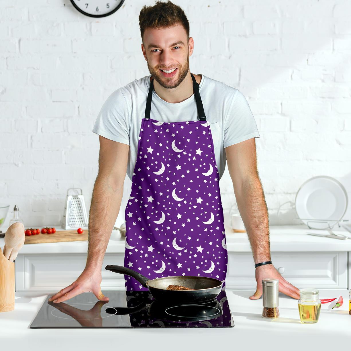 Moon Purple Pattern Print Men's Apron-grizzshop