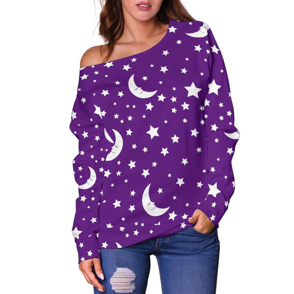 Moon Purple Pattern Print Women Off Shoulder Sweatshirt-grizzshop