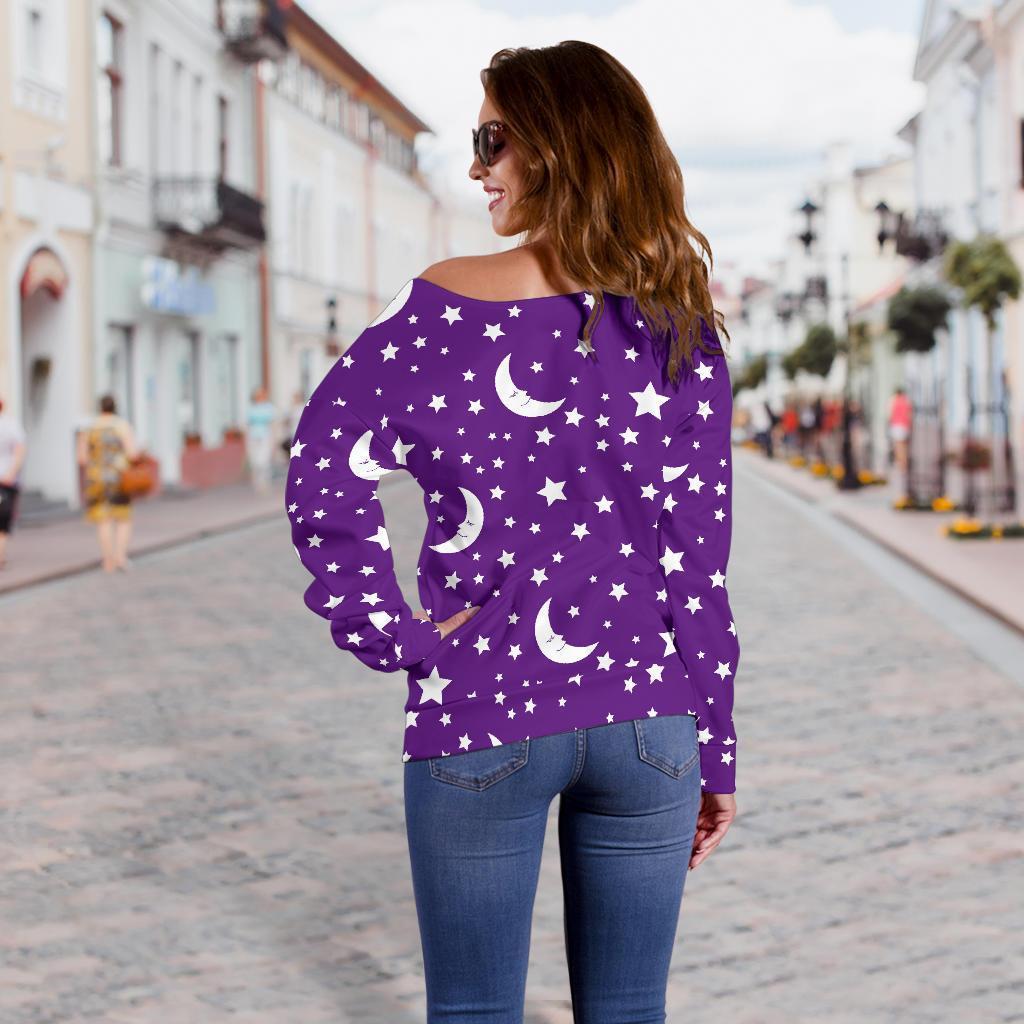 Moon Purple Pattern Print Women Off Shoulder Sweatshirt-grizzshop