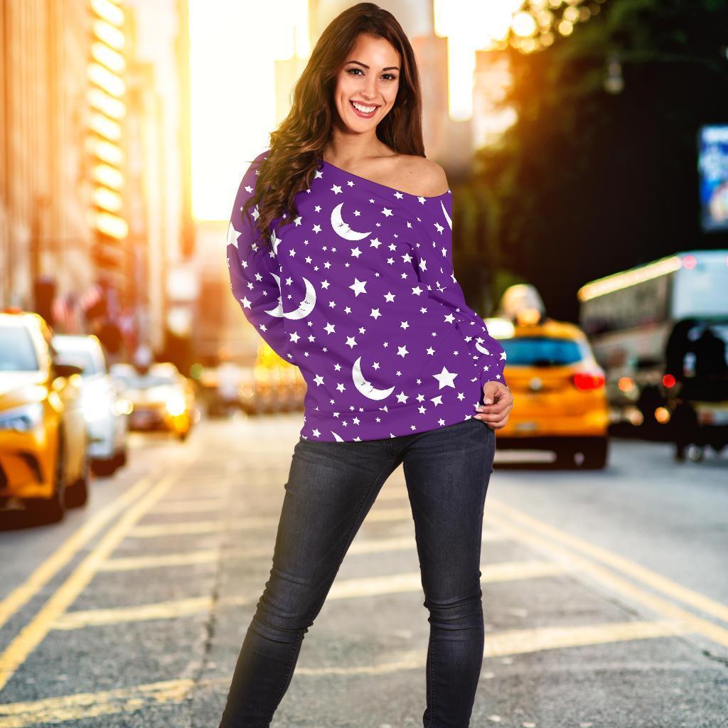 Moon Purple Pattern Print Women Off Shoulder Sweatshirt-grizzshop