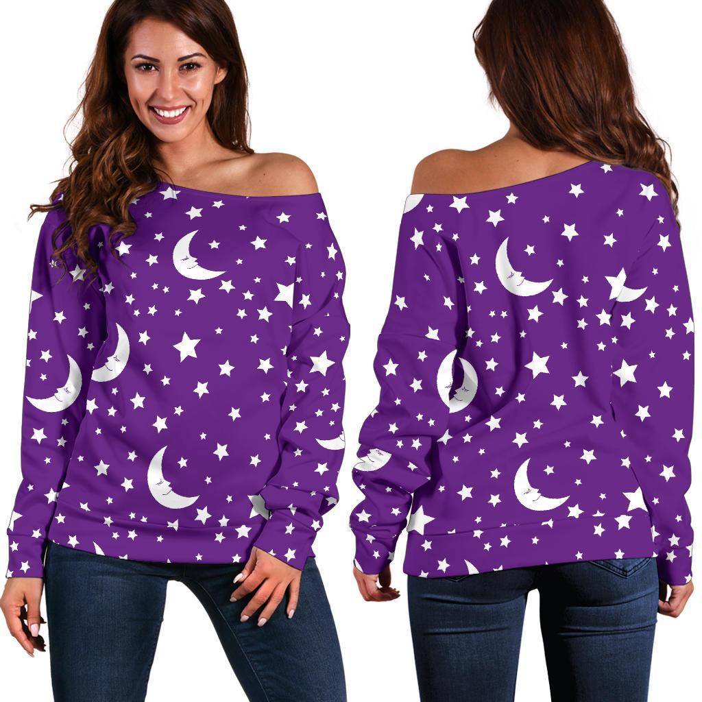 Moon Purple Pattern Print Women Off Shoulder Sweatshirt-grizzshop