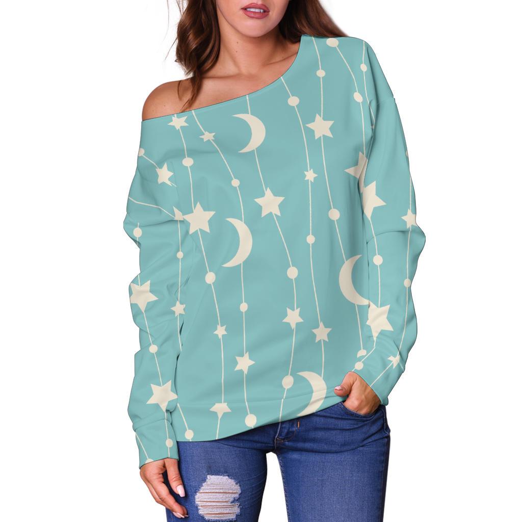 Moon Star Pattern Print Women Off Shoulder Sweatshirt-grizzshop