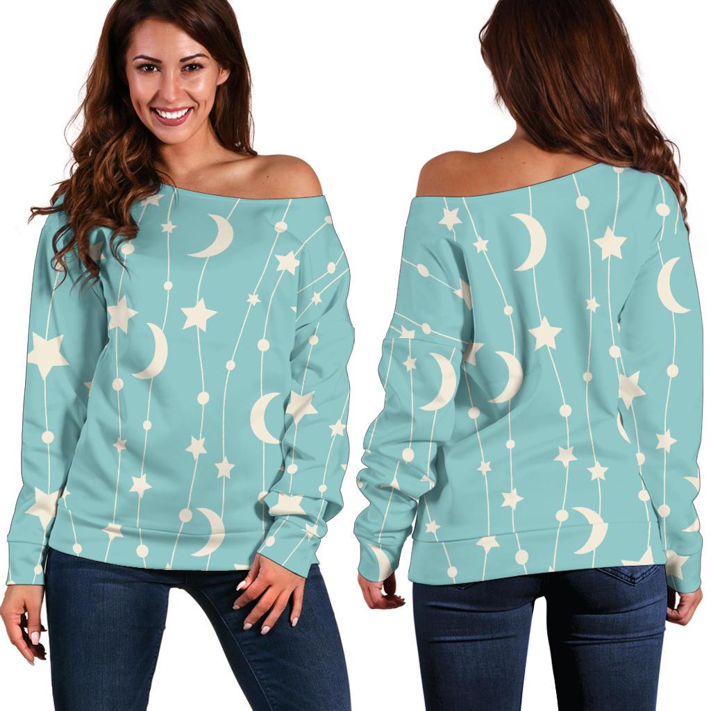 Moon Star Pattern Print Women Off Shoulder Sweatshirt-grizzshop