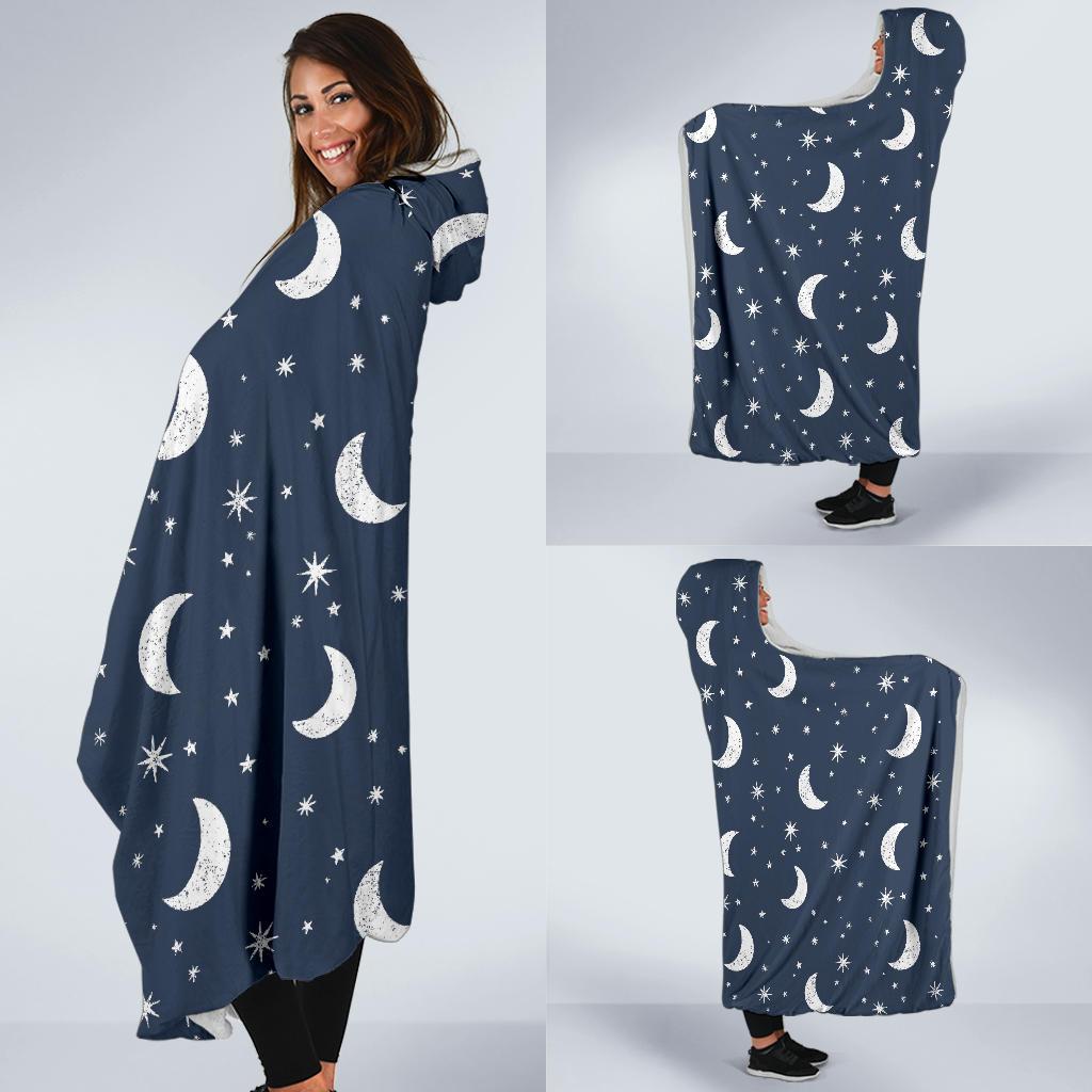 Moon Star Print Pattern Hooded Blanket-grizzshop